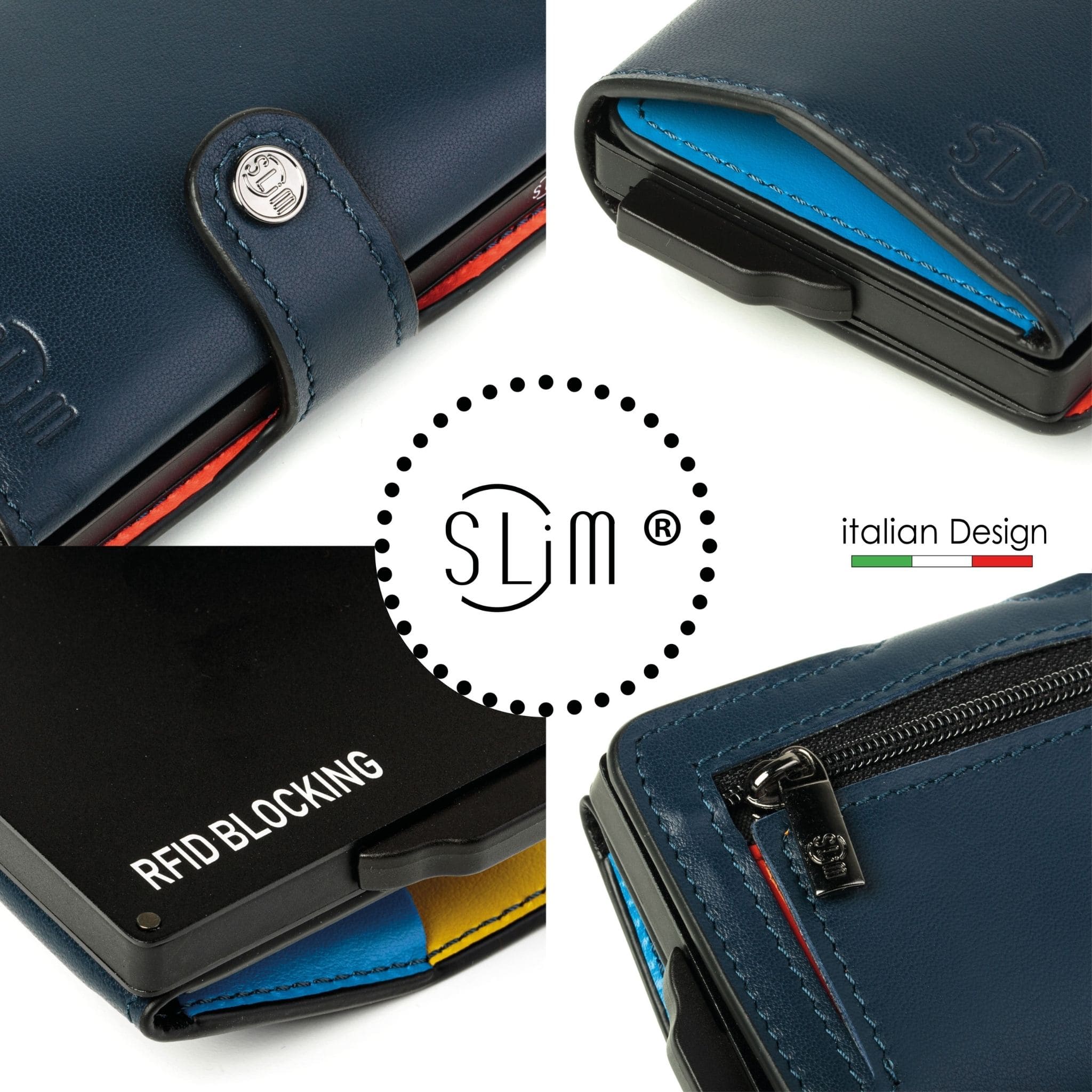 Portacarte Vera Pelle Blu Multicolor con zip porta-monete