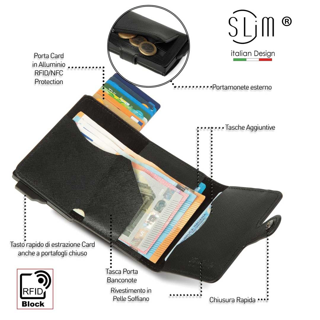 Portacarte Vera Pelle Saffiano Anti Graffio Nero Senza Zip