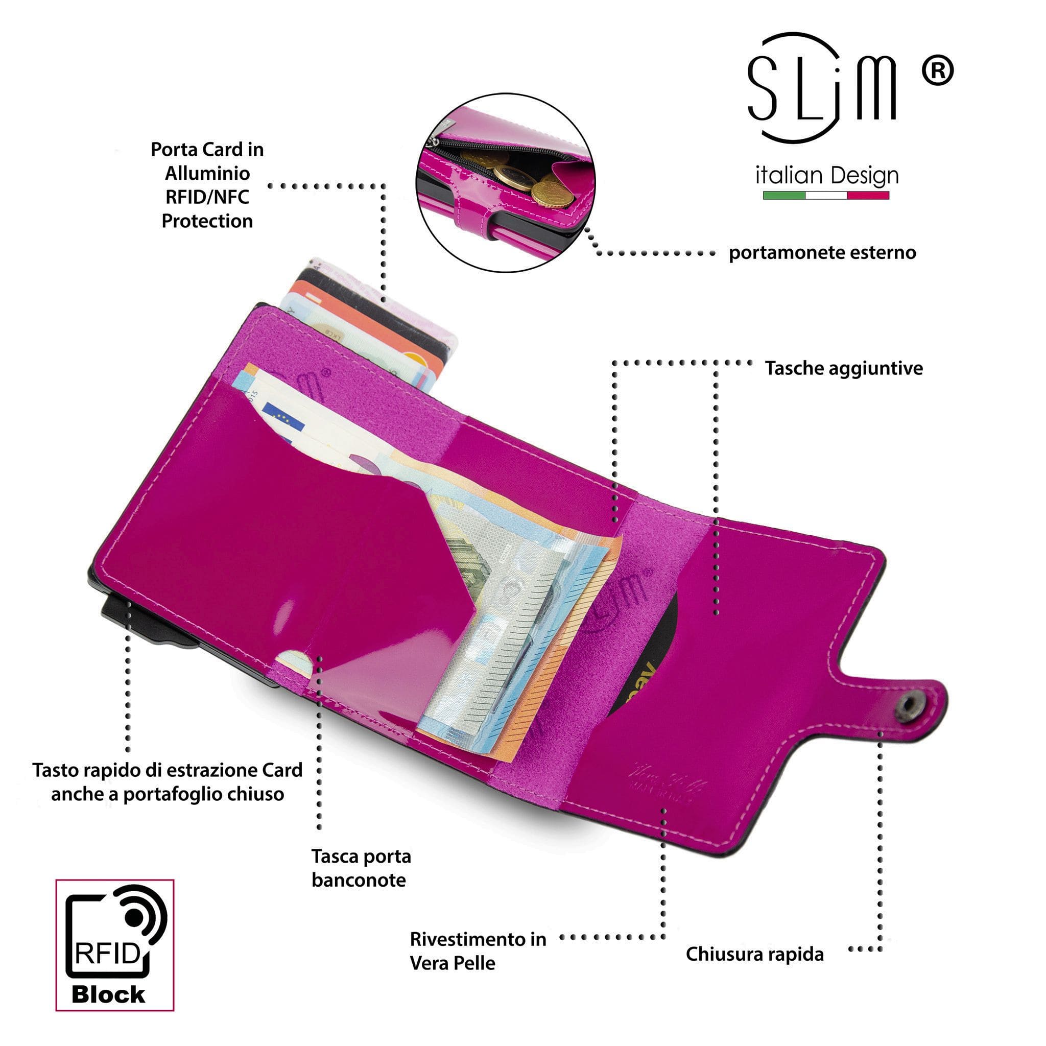 Porta Carte Vera Pelle Specchio Fucsia con Zip