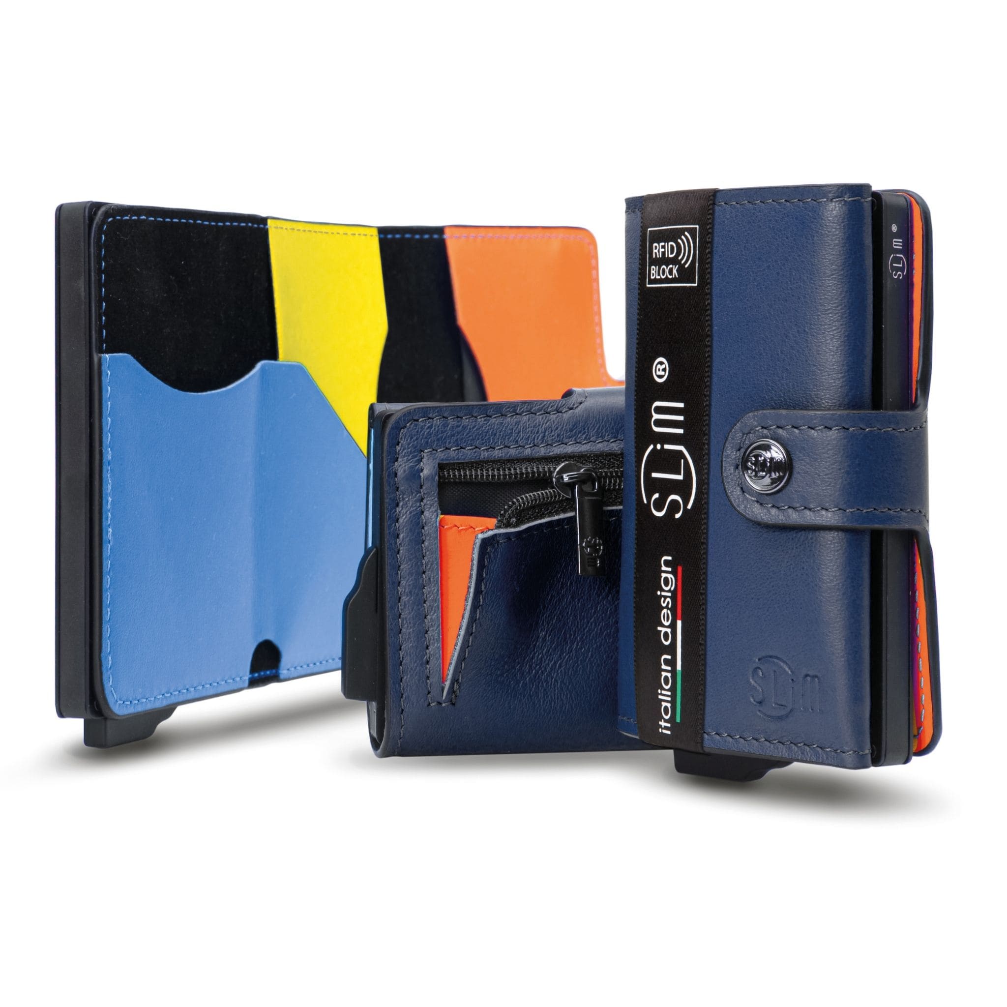 Portacarte Vera Pelle Blu Multicolor con zip porta-monete