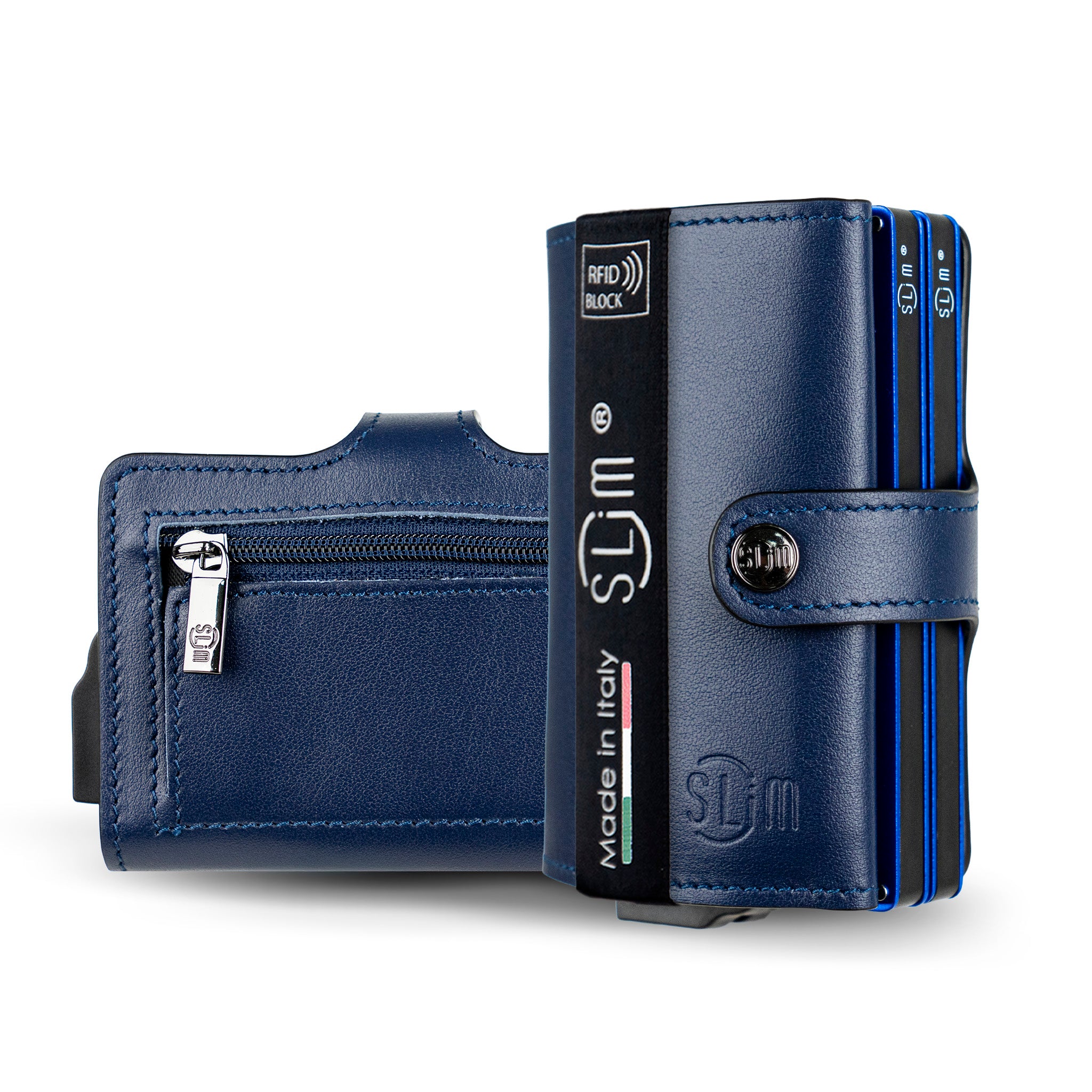 Porta Carte Vera Pelle Blu Doppia Cassa