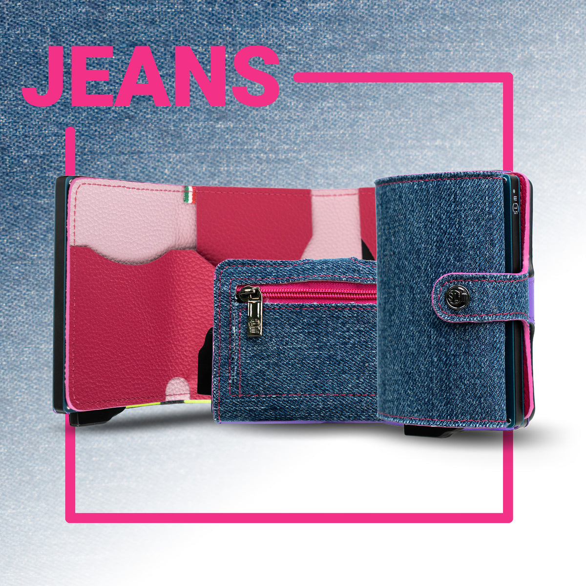 Porta Carte Jeans e Vera Pelle Fucsia Bottalata con zip porta monete