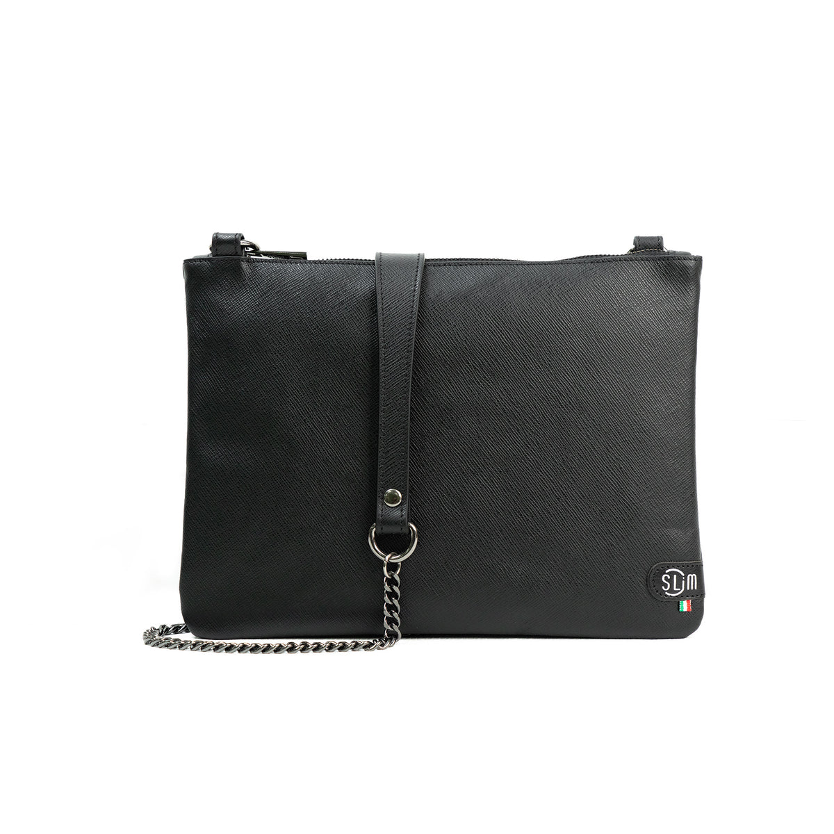 Pochette con Tracolla Vera Pelle Saffiano Nero