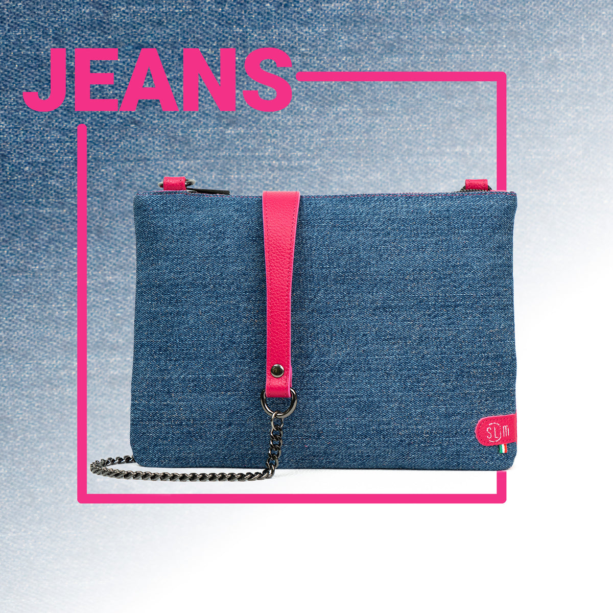 Pochette con Tracolla Jeans e Vera Pelle Bottalato Fucsia