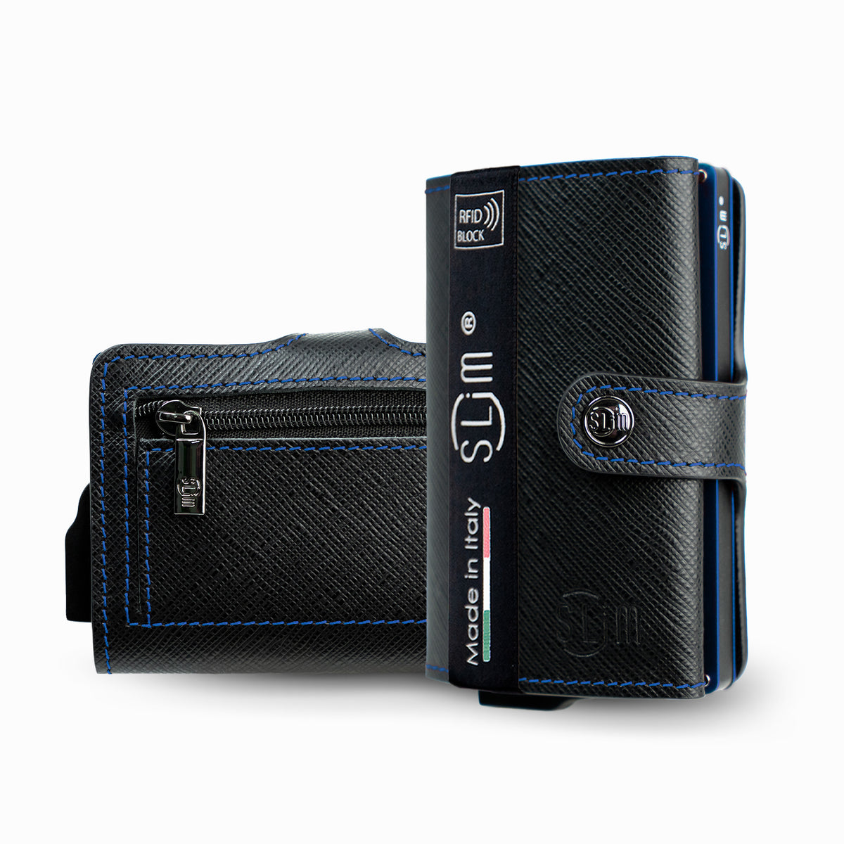 Portacarte Vera Pelle Saffiano Nero Cuciture e Cassa Blu