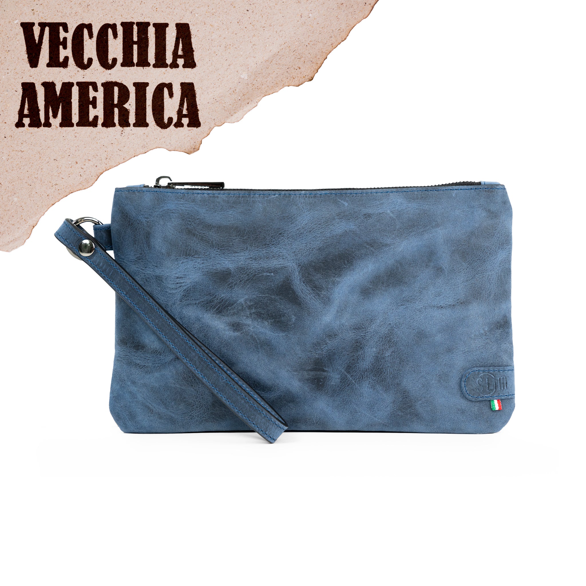 Pochette con Polsiera Vera Pelle Crazy Horse Blu