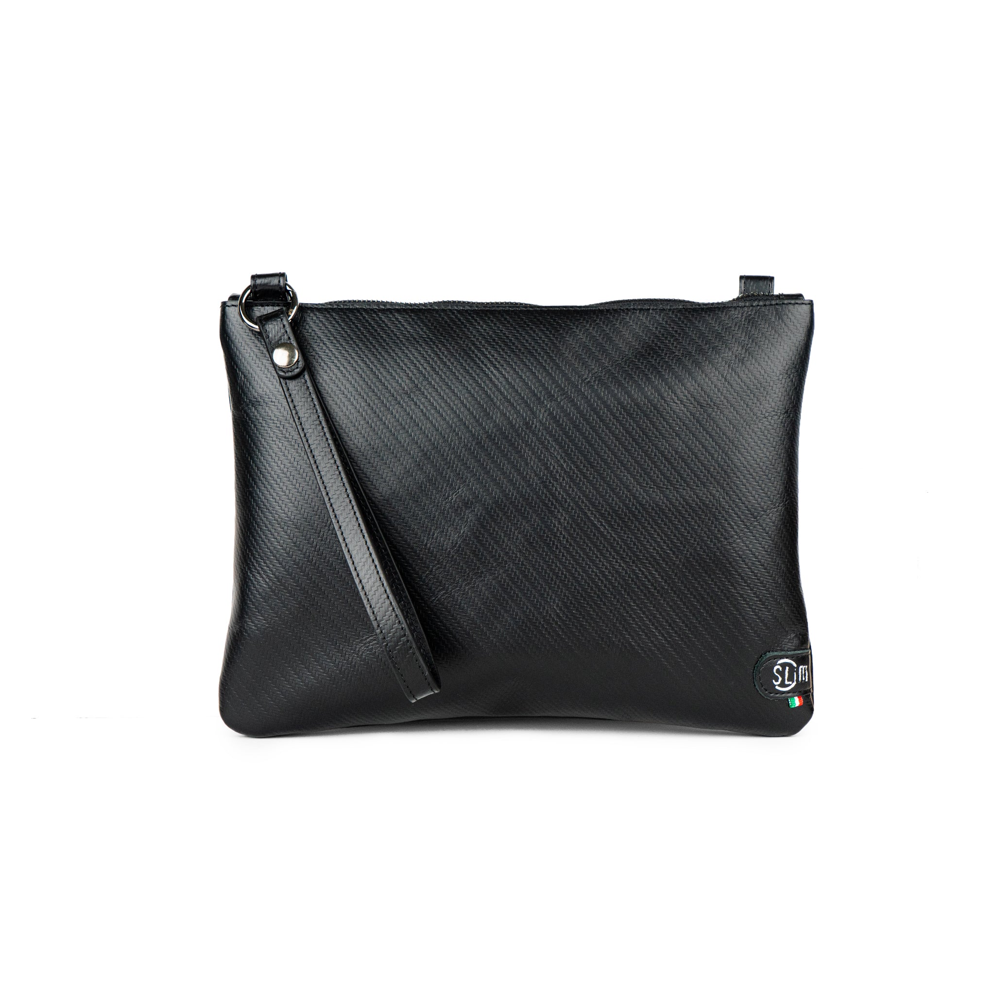 Pochette Modello Grande con Polsiera Vera Pelle Carbon Nero
