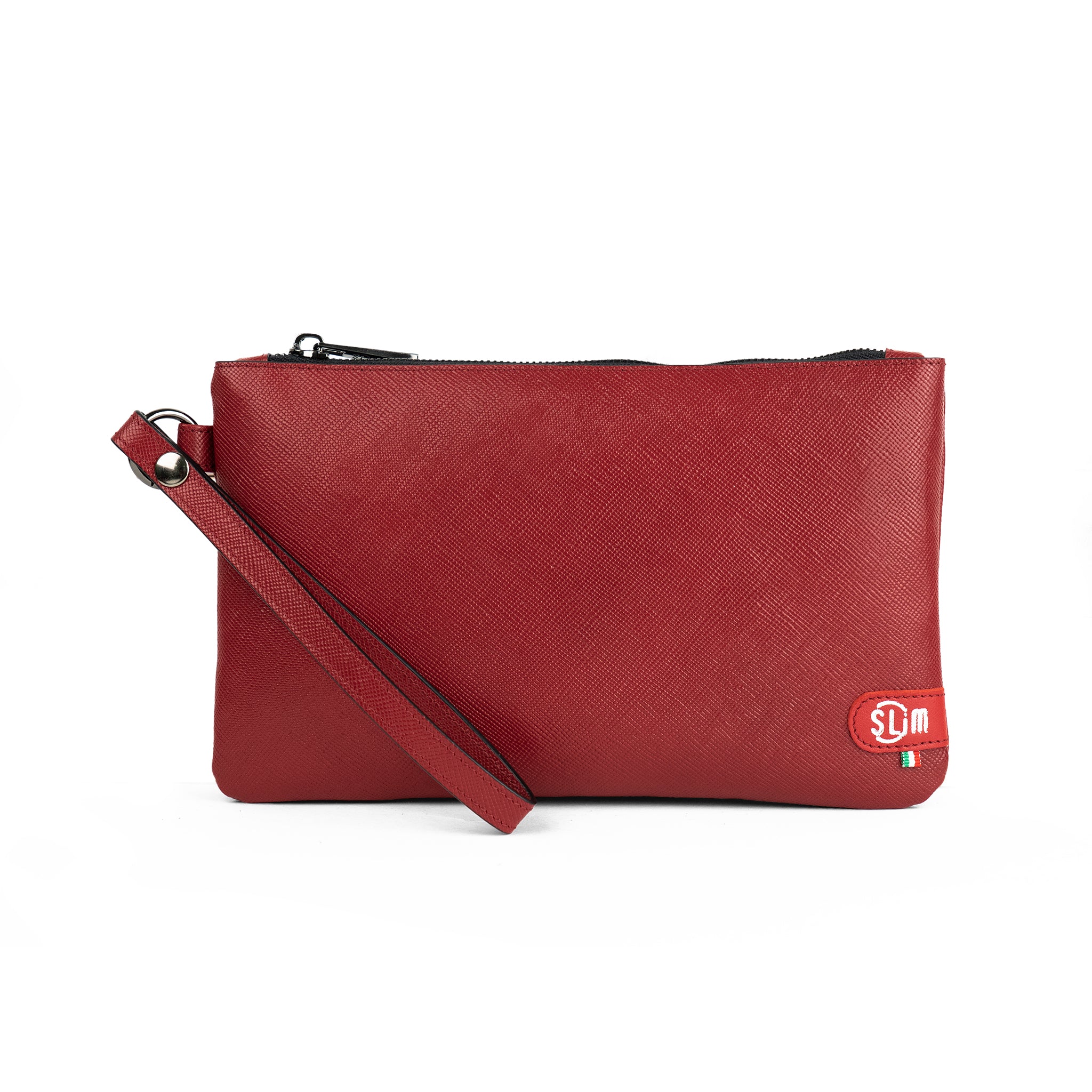 Pochette con Polsiera Vera Pelle Saffiano Rosso Rubino