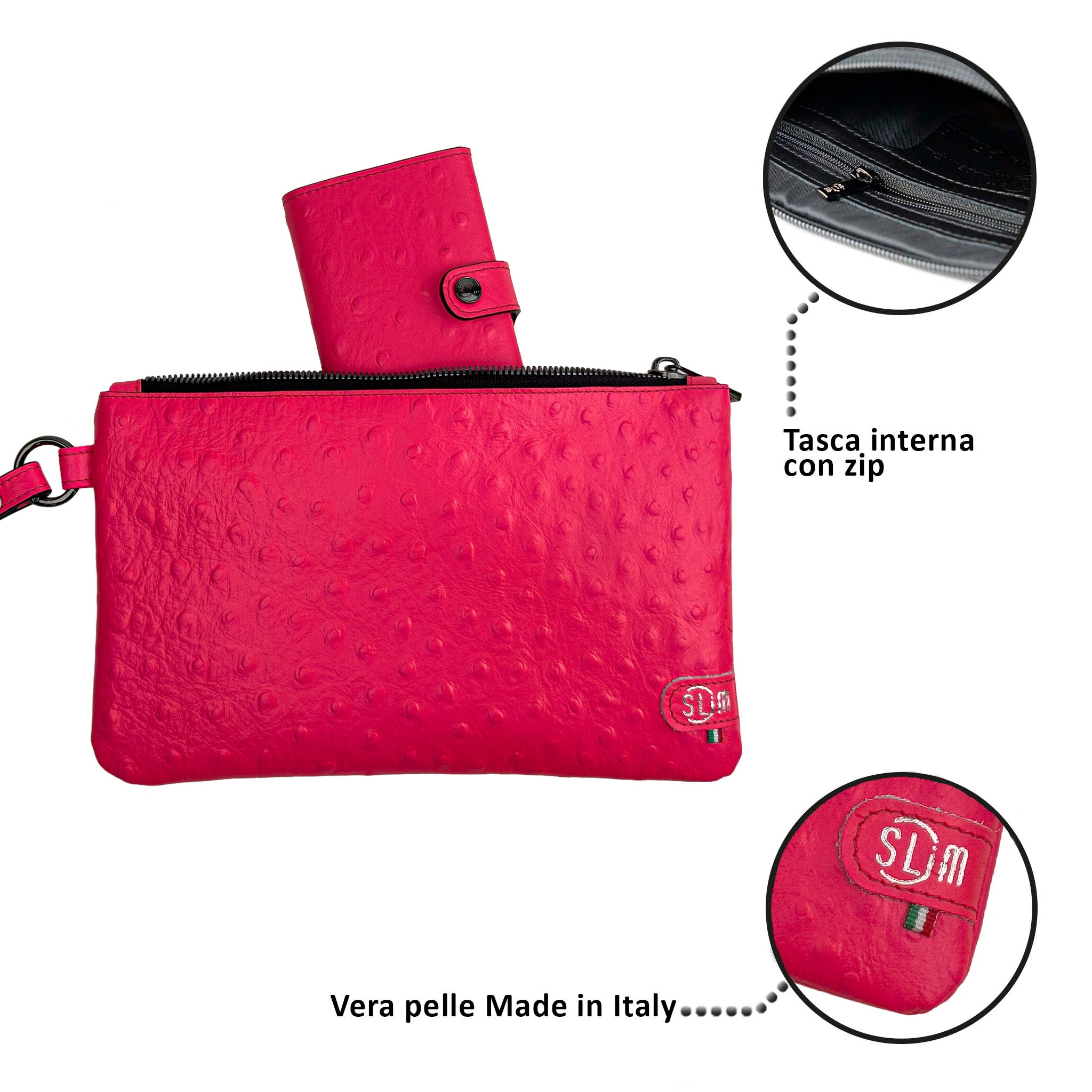 Pochette con Polsiera Vera Pelle Struzzo Fucsia Fluo