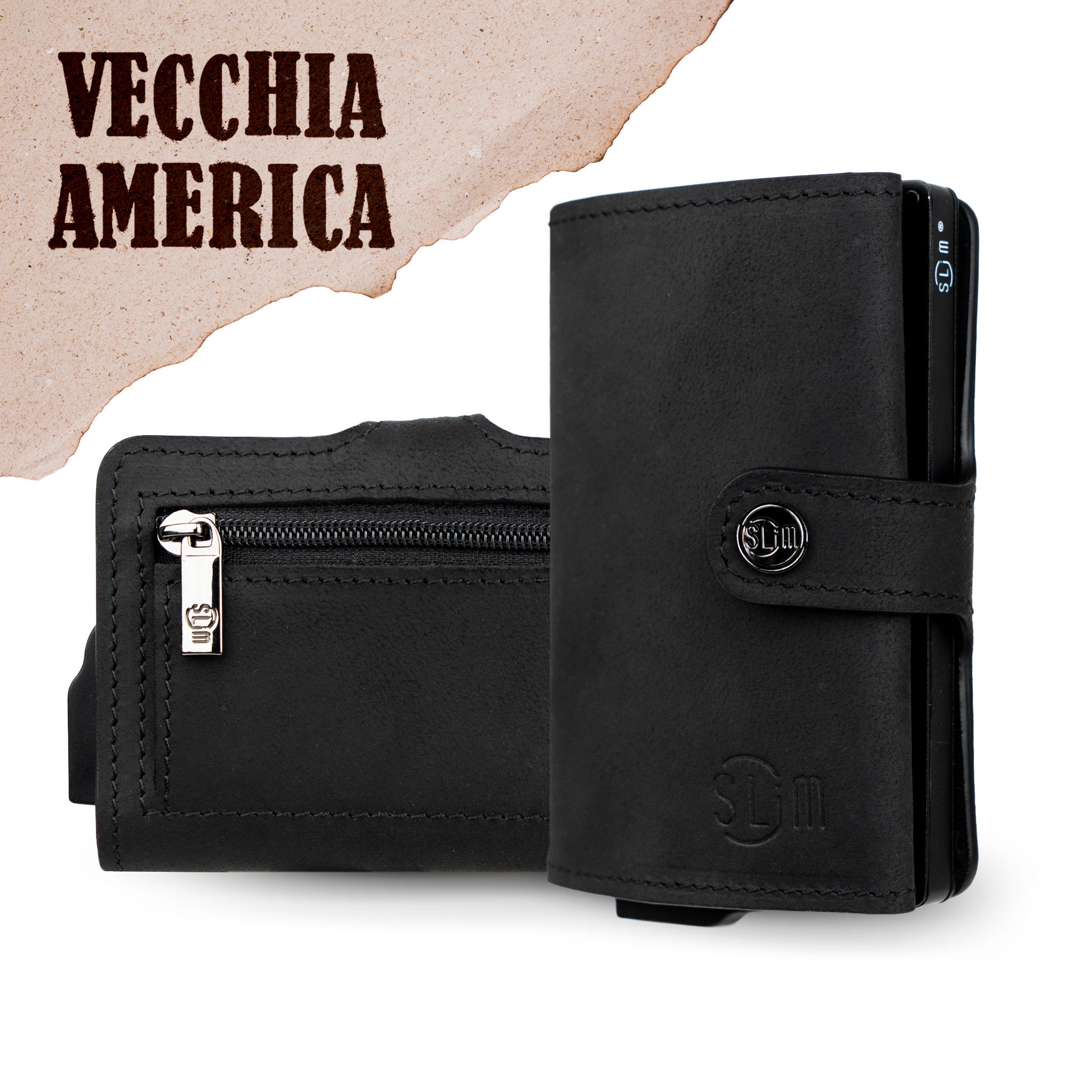 Porta Carte Vera Pelle Crazy Horse Nero con zip