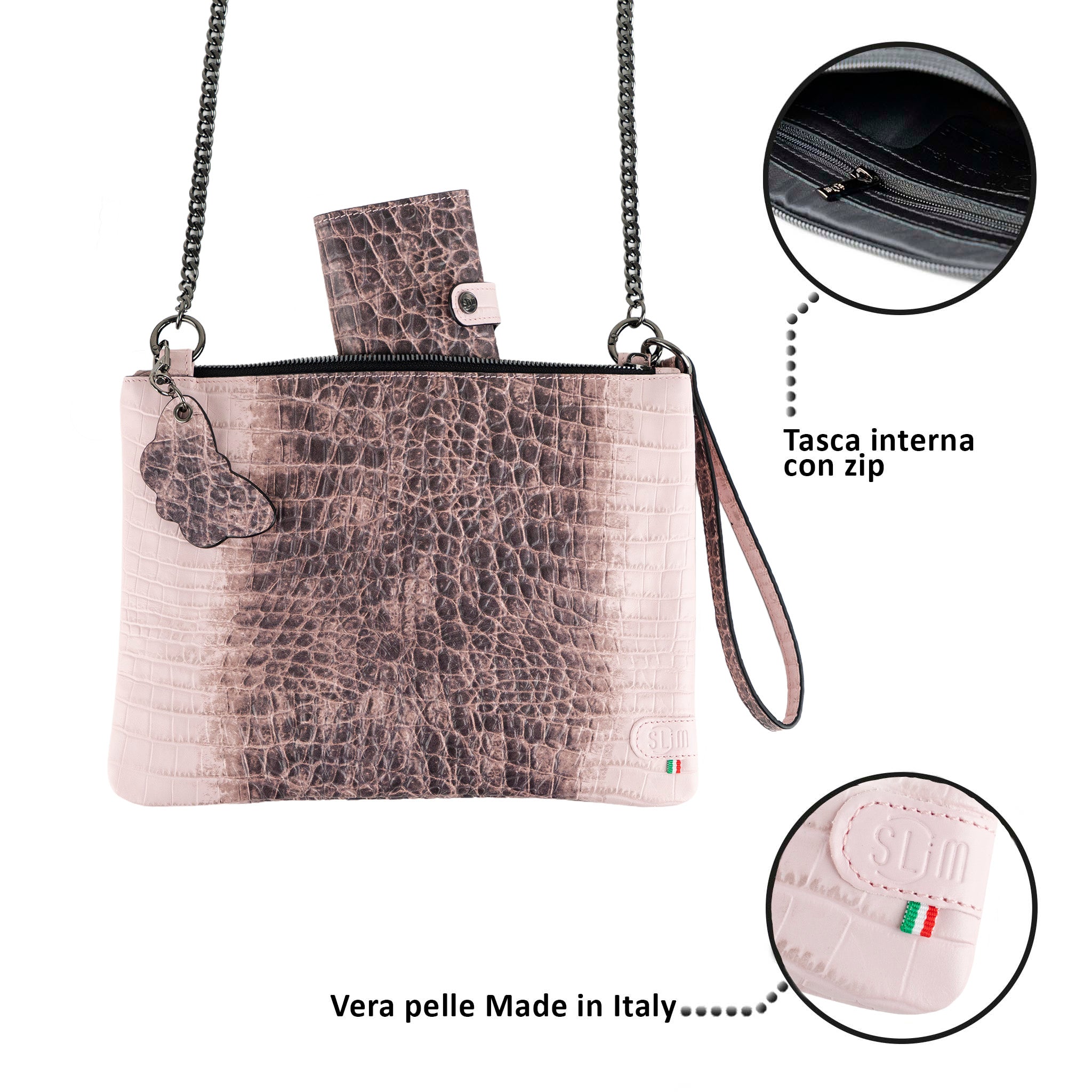 Clutch Bag with Wristband in Genuine Black Saffiano Leather