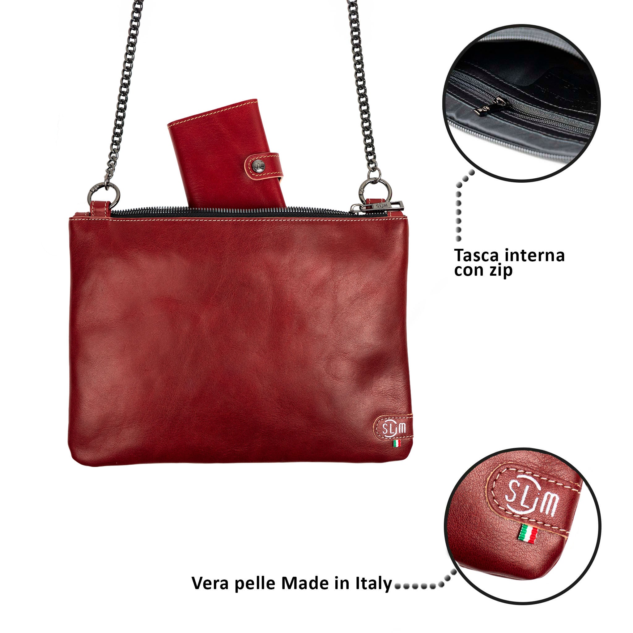 Genuine Red Vegetable Tanned Leather Clutch Bag with Shoulder Strap