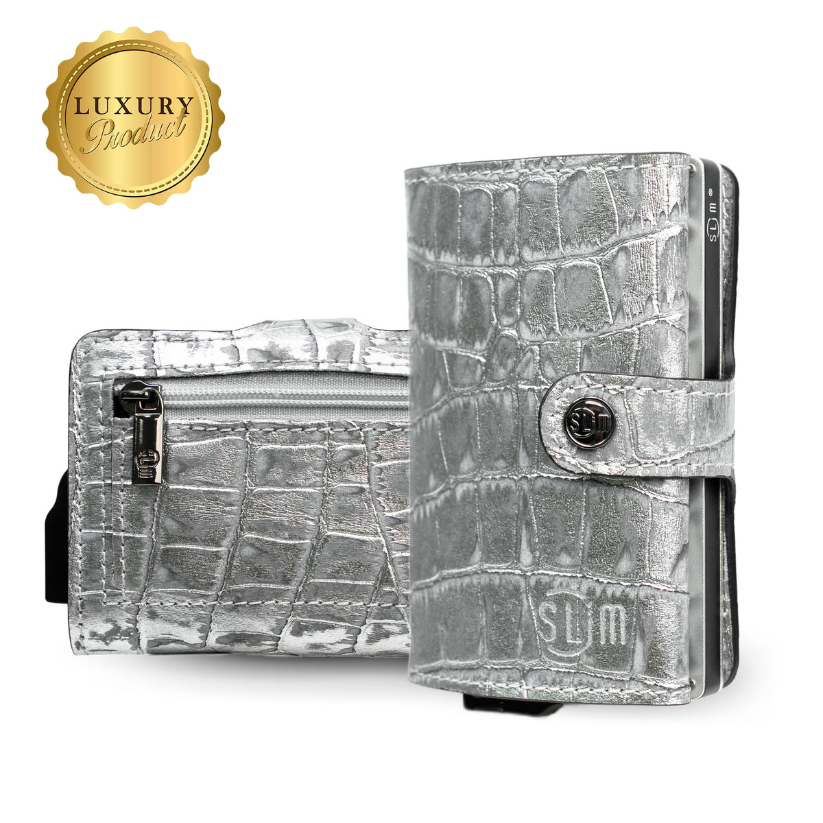 Portacarte Vera Pelle Cocco Metal Argento