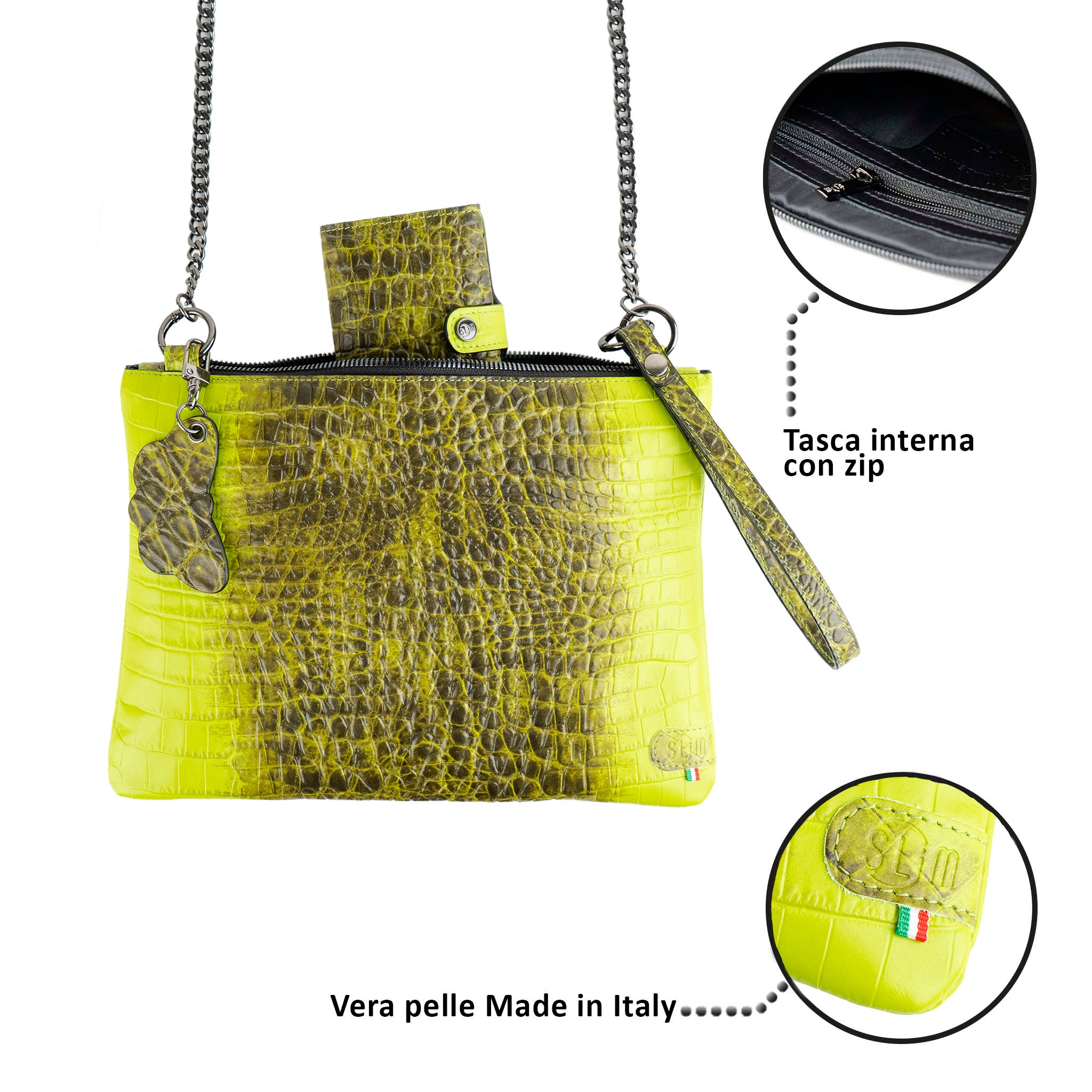Clutch Bag with Wristband in Genuine Black Saffiano Leather