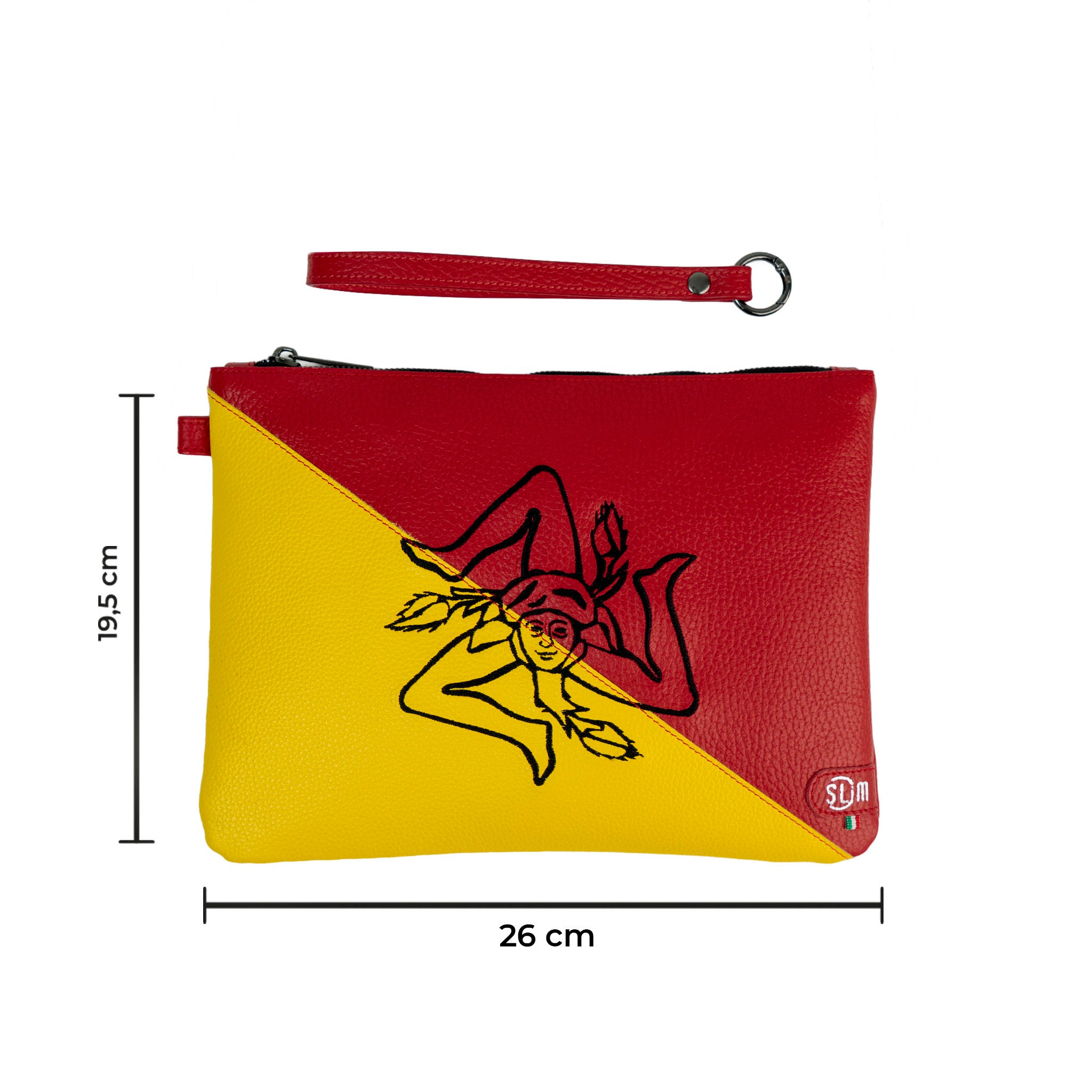 Pochette Grande con Polsiera Vera Pelle Bottalato Tema Sicilia Trinacria