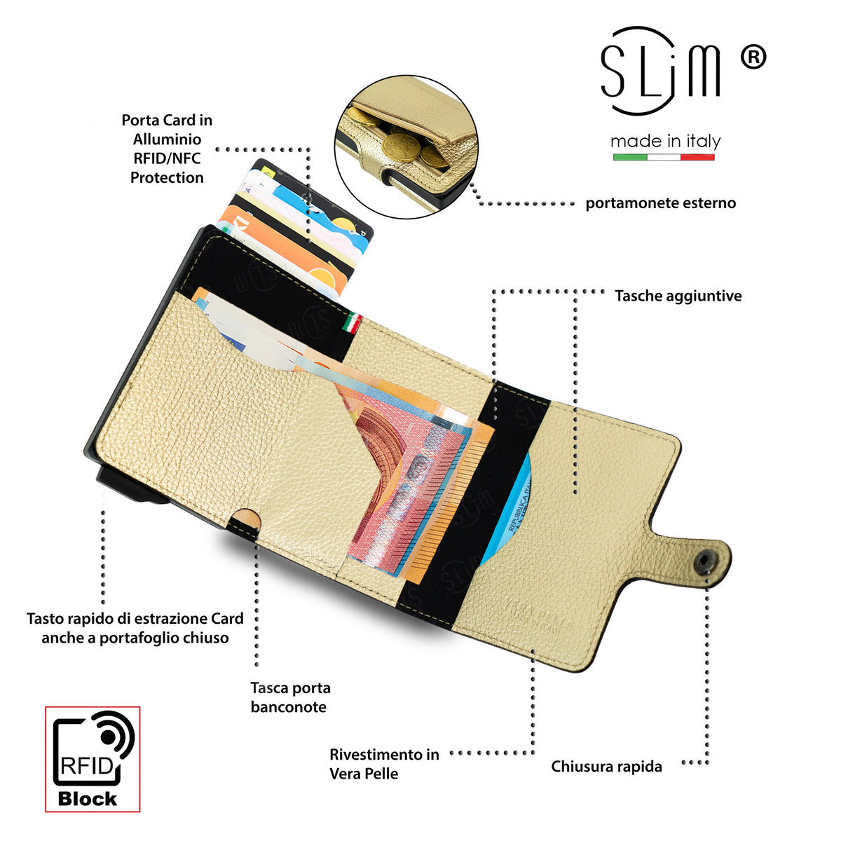 Porta Carte Vera Pelle Bottalato Metal Oro