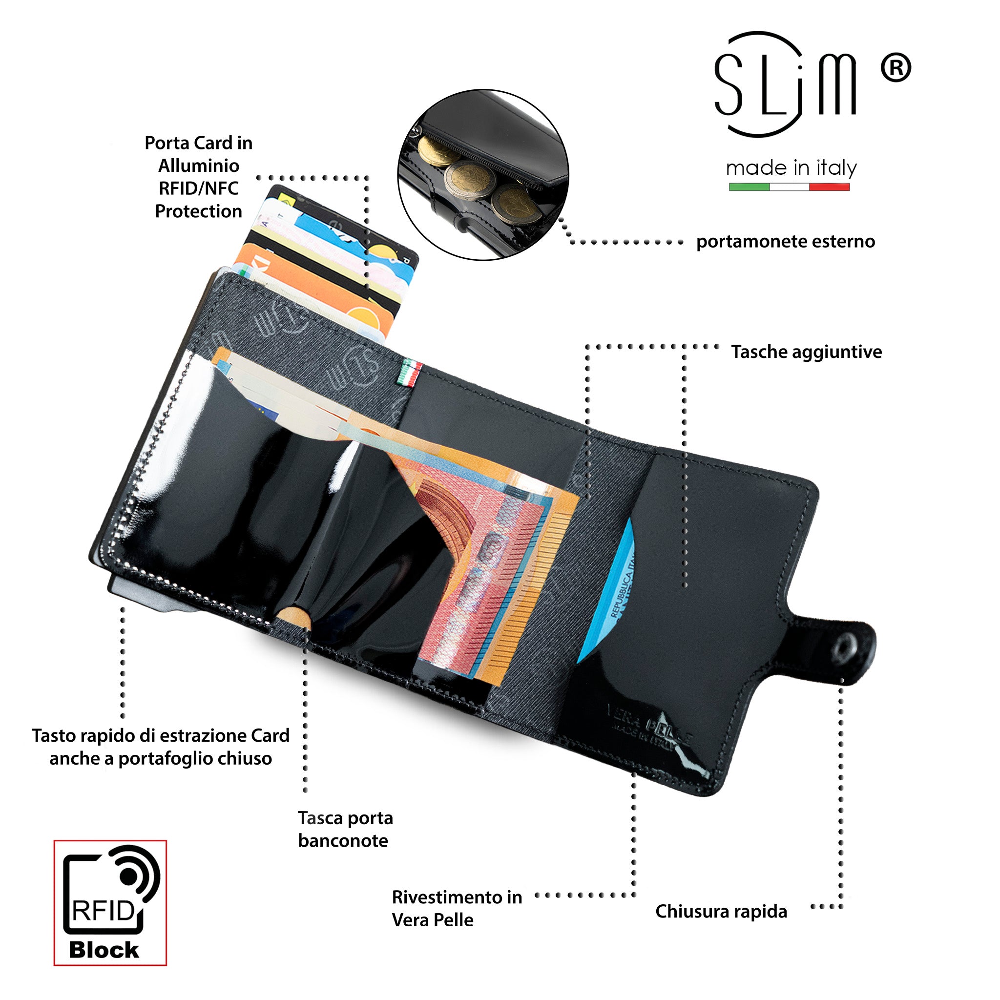 Porta Carte Vera Pelle Specchio Nero con Zip