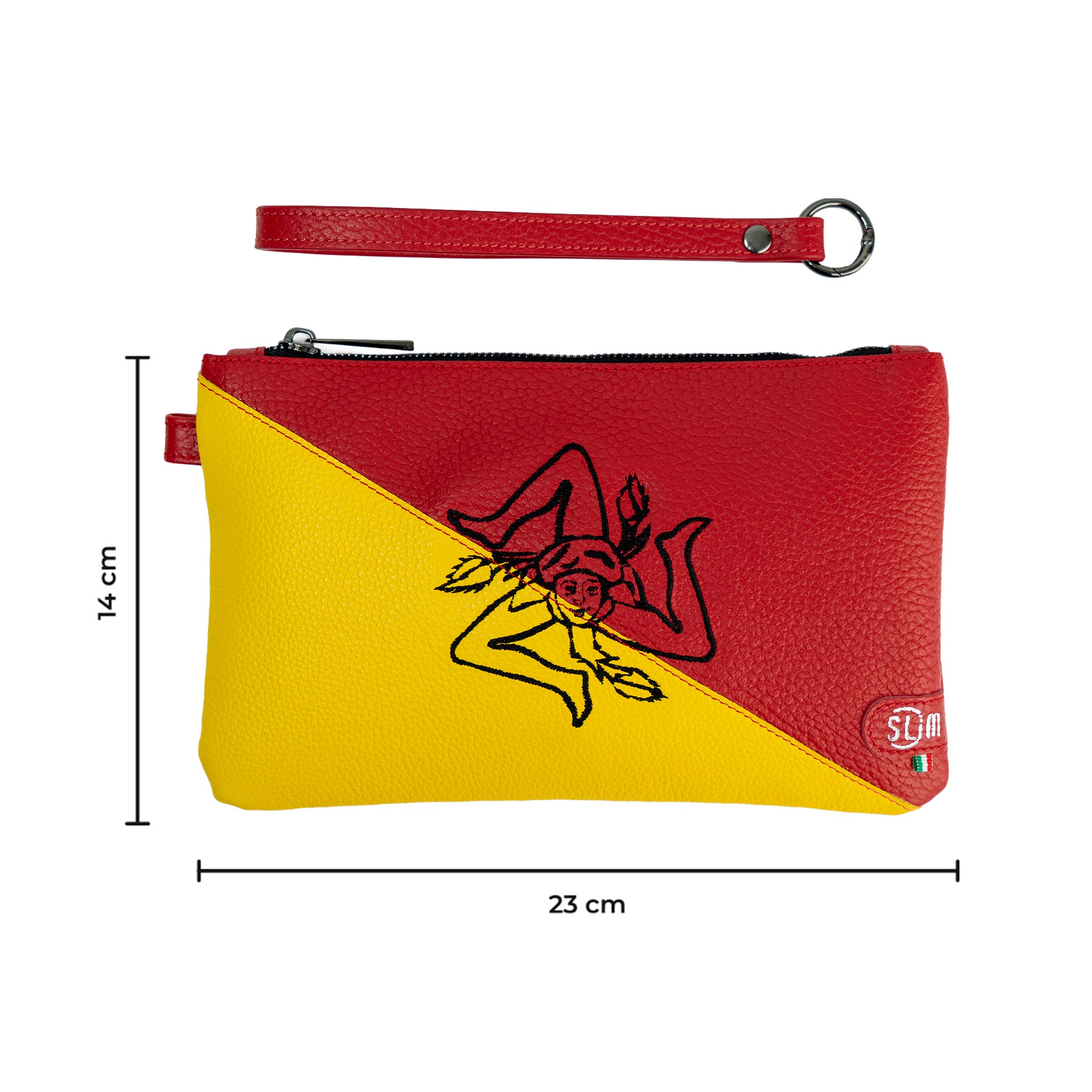 Pochette con Polsiera Vera Pelle Bottalato Tema Sicilia Trinacria