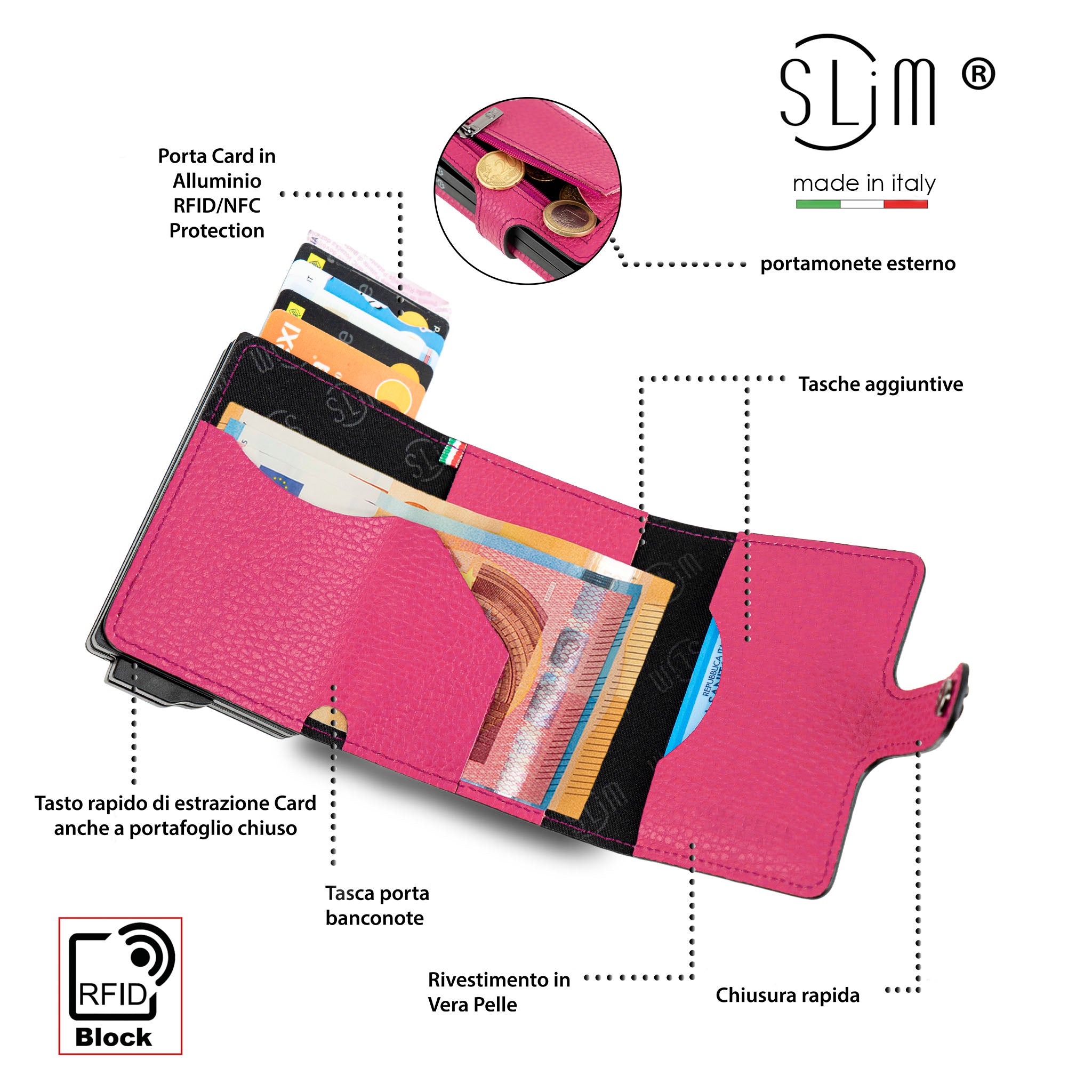 Porta Carte Vera Pelle Bottalato Fucsia Doppia Cassa