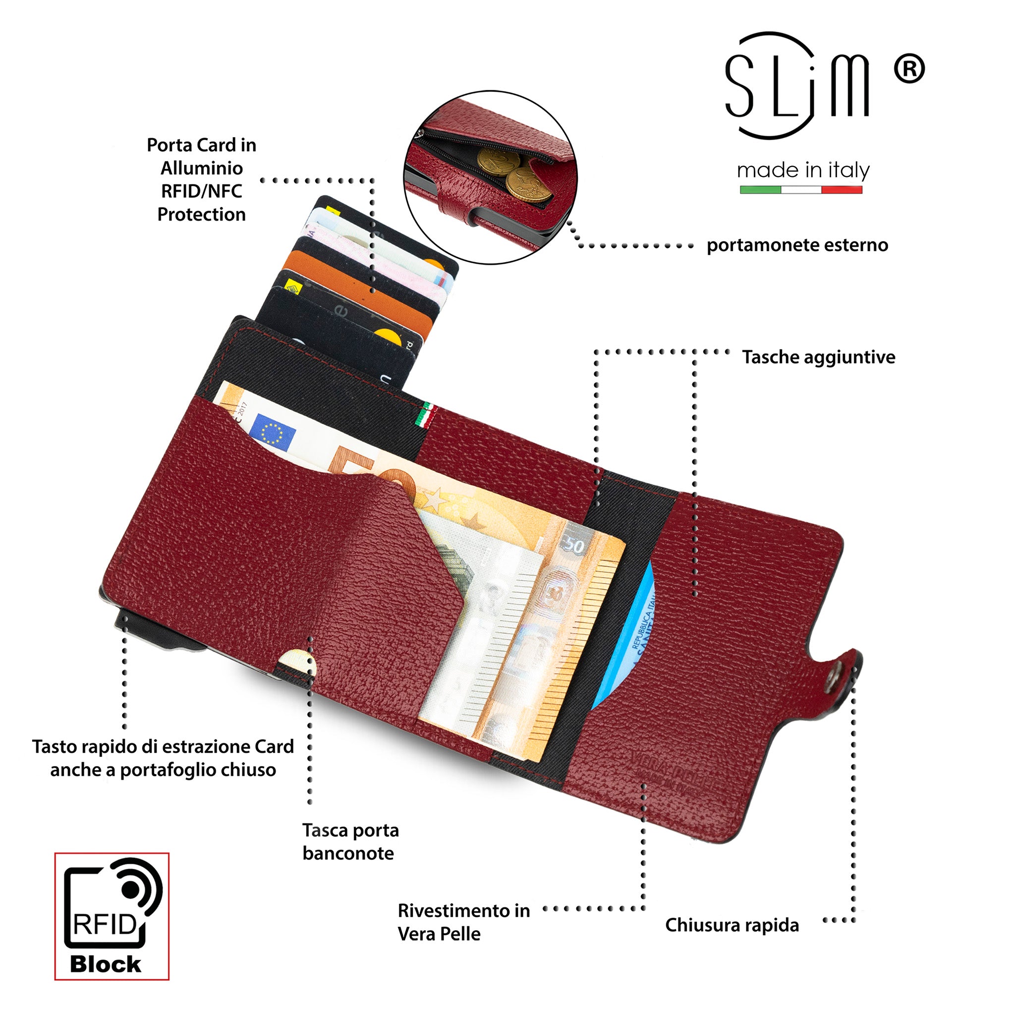 Porta Carte Vera Pelle Stampa Cinghialino Bordeaux