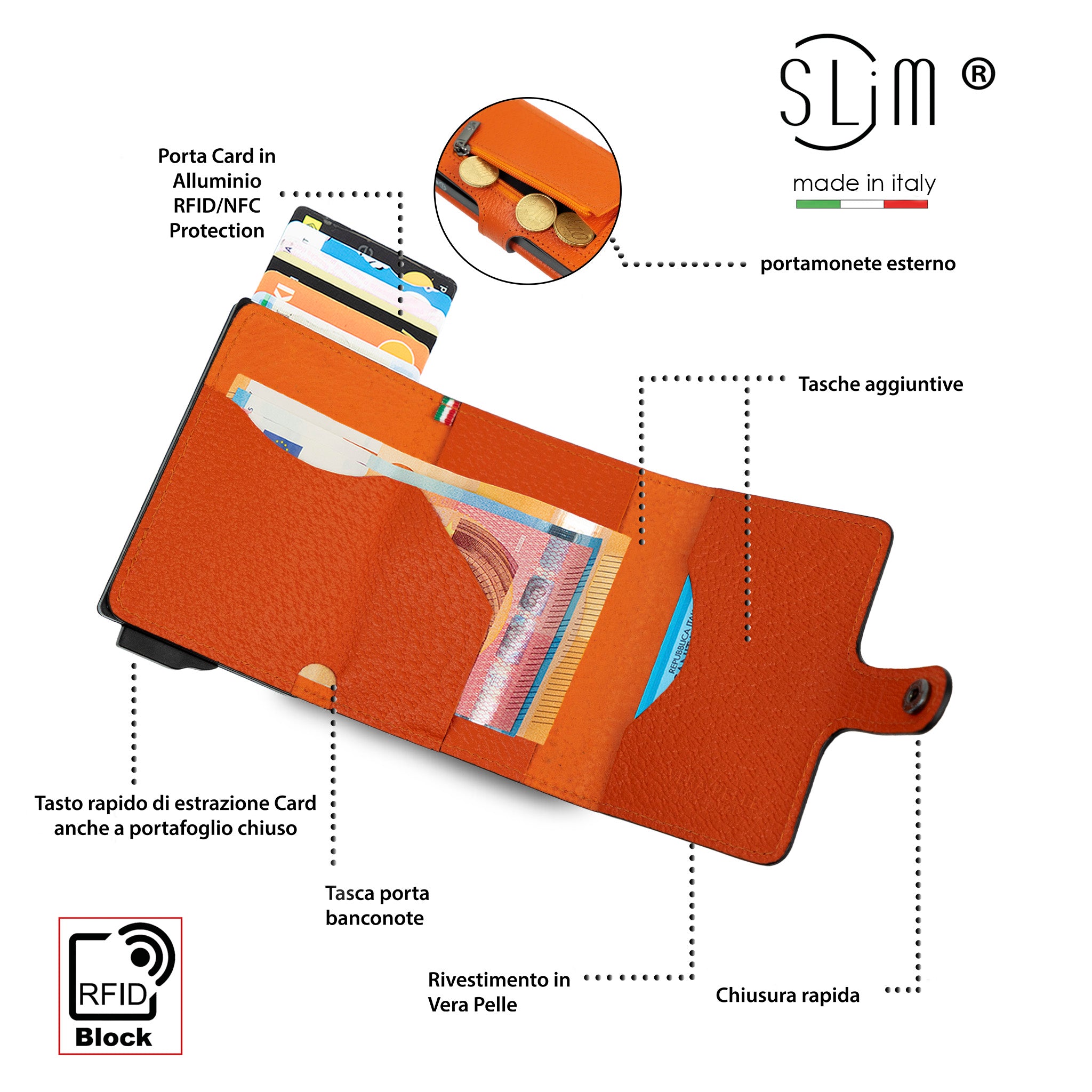 Porta Carte Vera Pelle Stampa Cinghialino Arancio