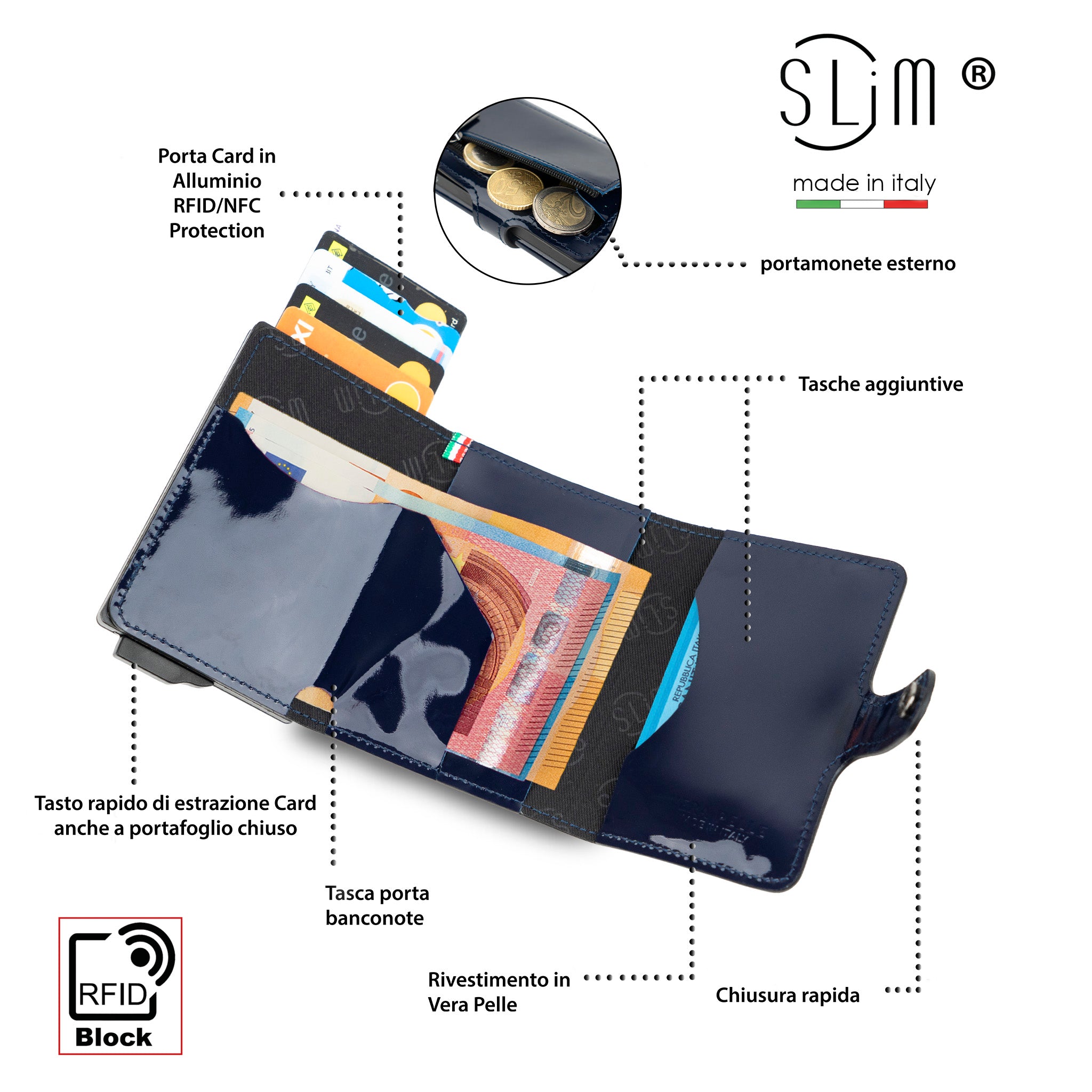 Porta Carte Vera Pelle Specchio Blu con Zip