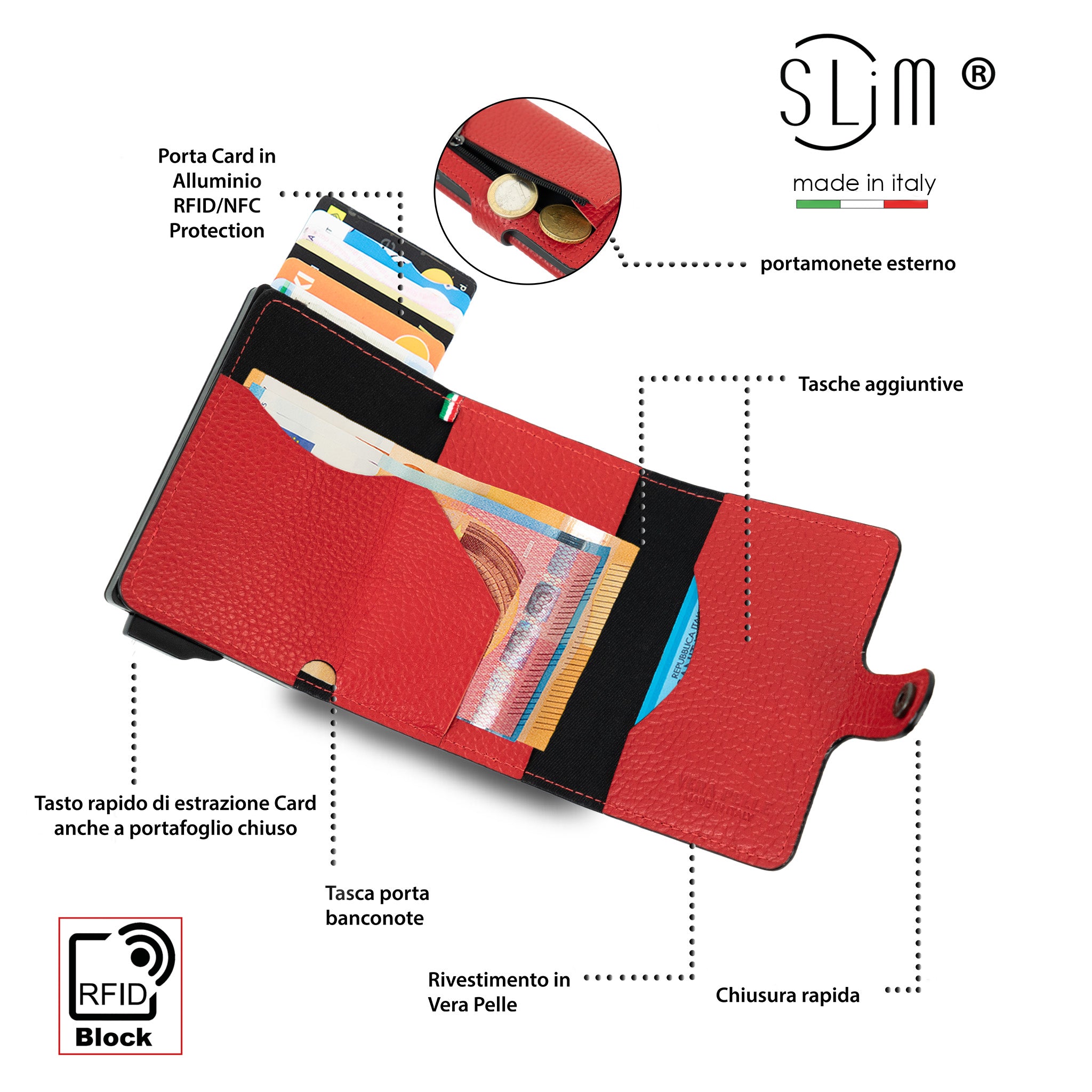 Porta Carte Vera Pelle Bottalato Rosso con zip porta monete