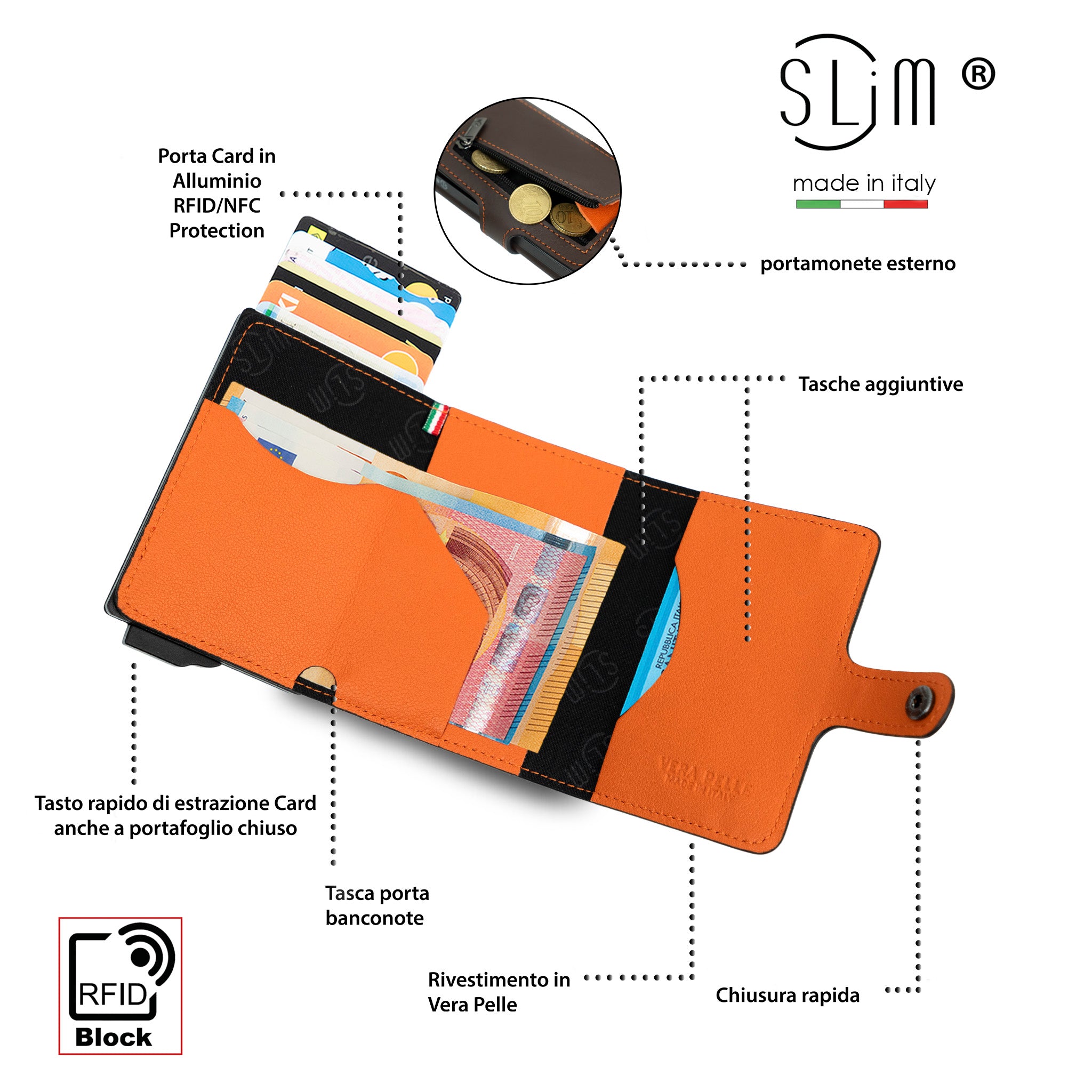 Porta Carte Vera Pelle Testa di Moro e Arancio con zip