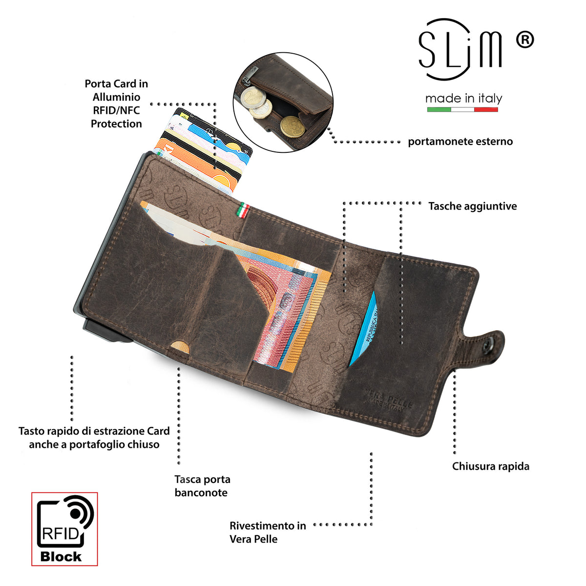 Porta Carte Vera Pelle Crazy Horse Brown con zip