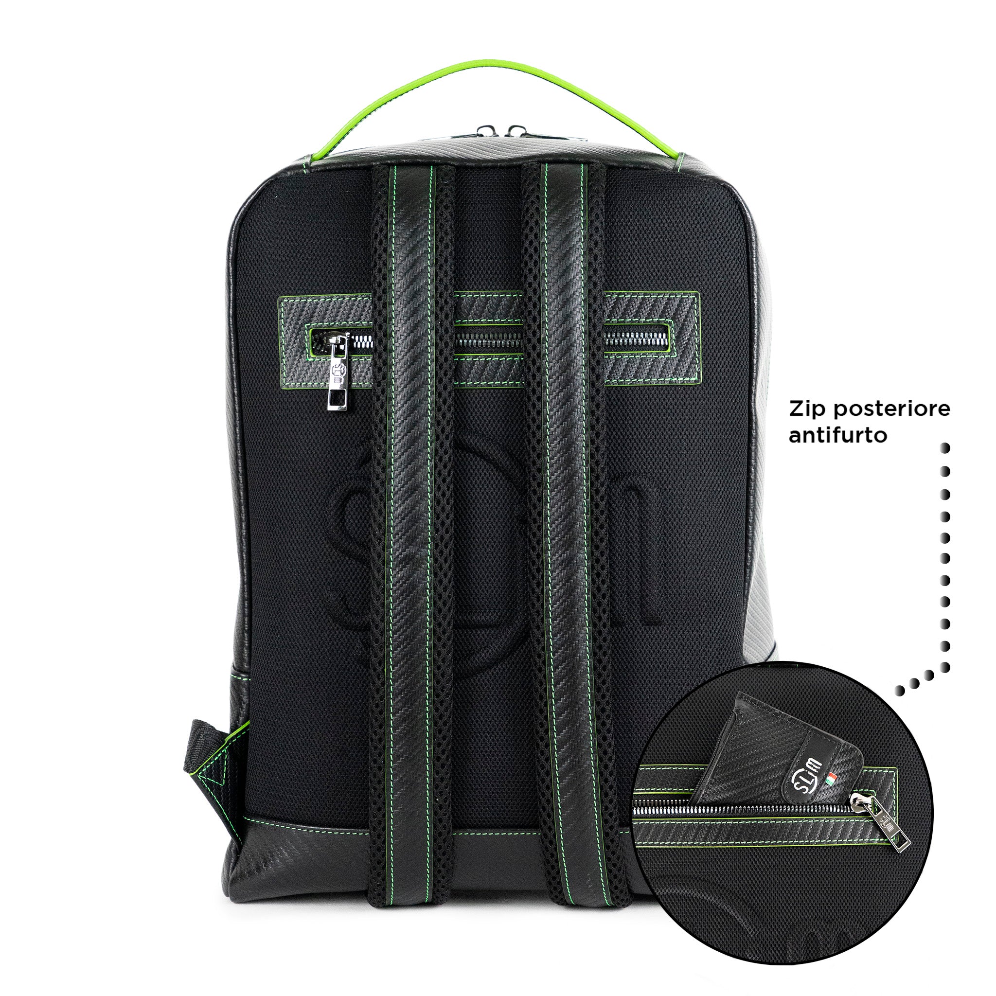 Zaino Medio Vera Pelle Carbon Nero cuciture Verde Fluo