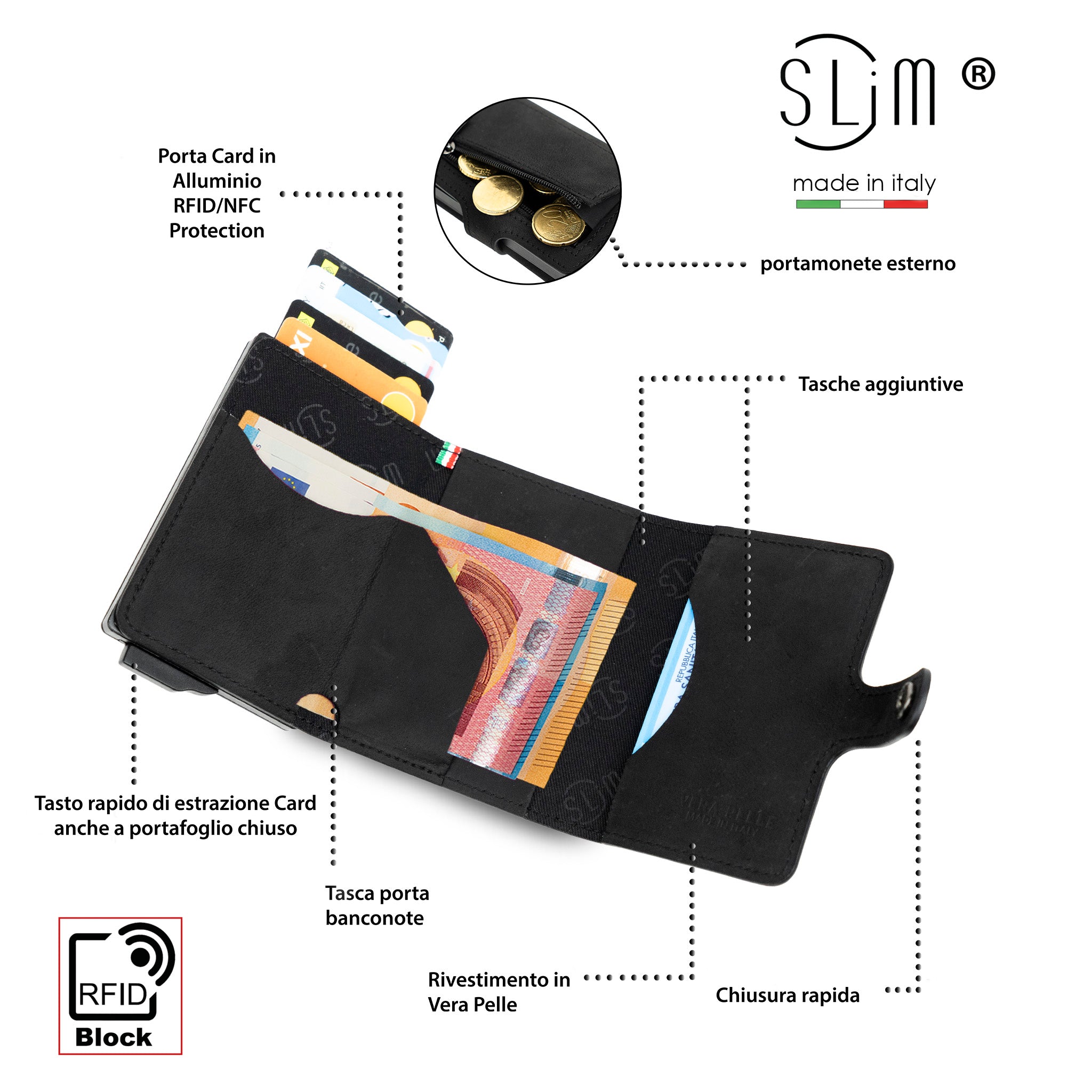 Porta Carte Vera Pelle Crazy Horse Nero con zip