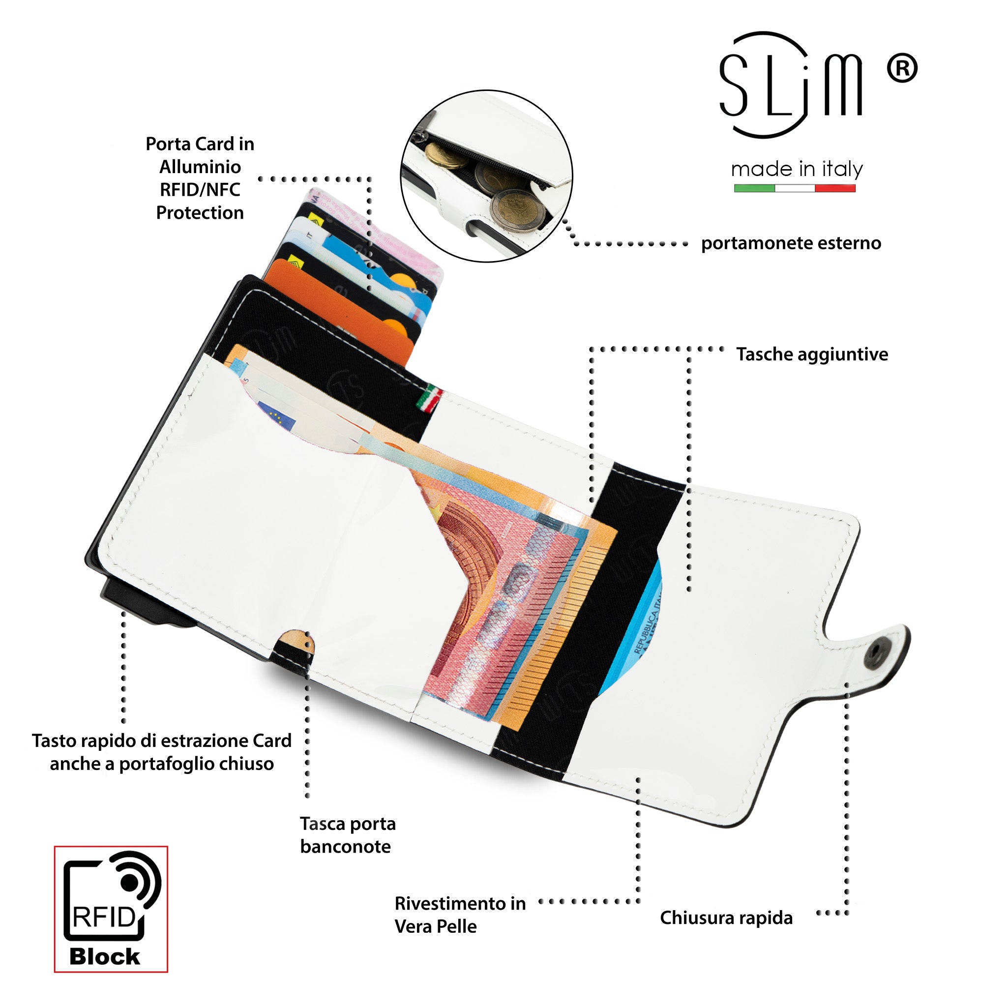 Porta Carte Vera Pelle Specchio Bianco con Zip