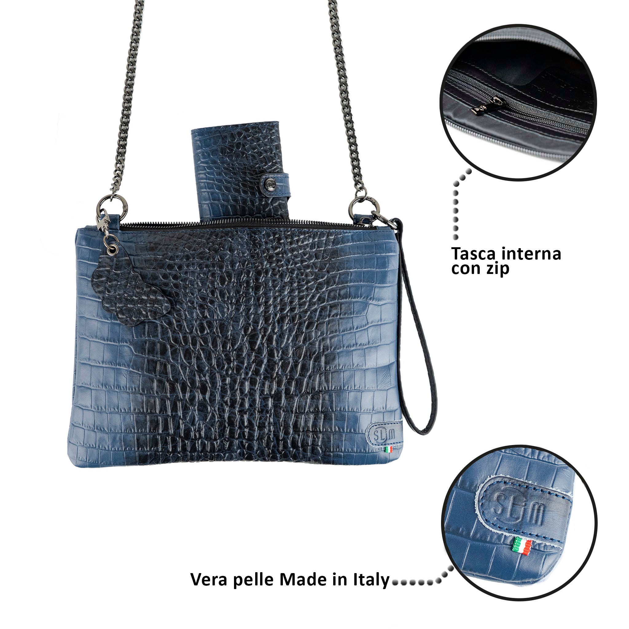 Clutch Bag with Wristband in Genuine Black Saffiano Leather