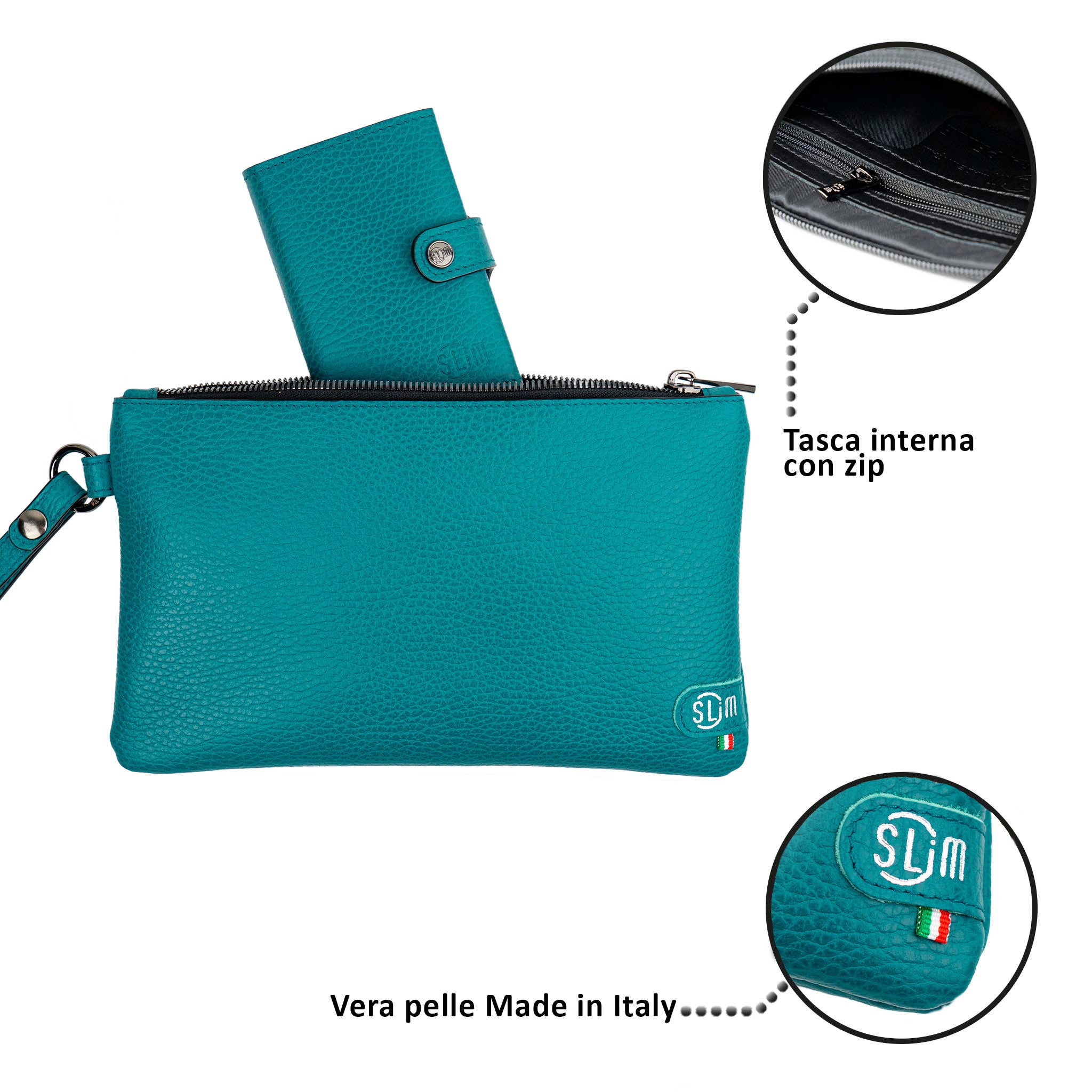 Pochette con Polsiera Vera Pelle Bottalato Petrolio