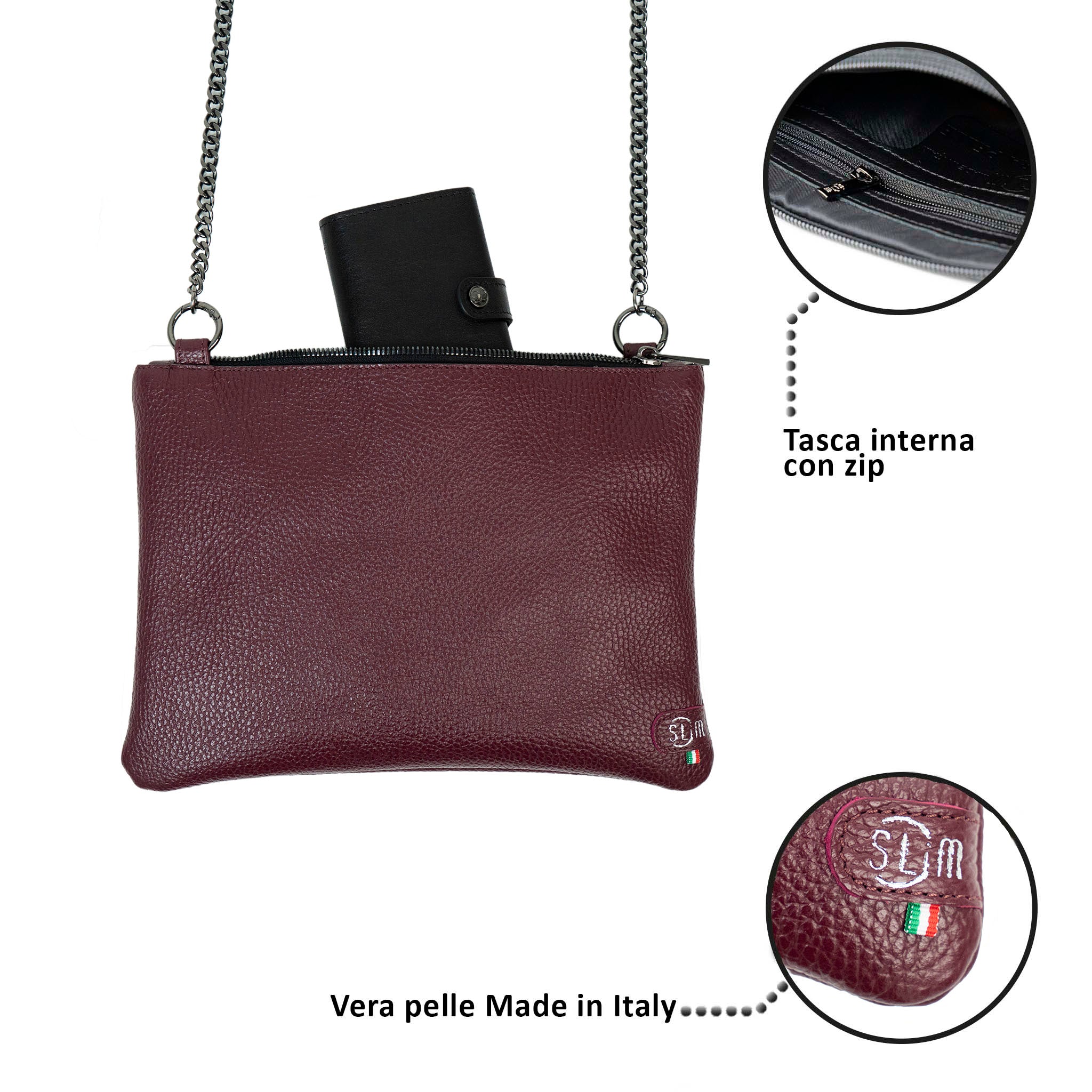 Clutch Bag with Shoulder Strap in Genuine Red Drummed Leather