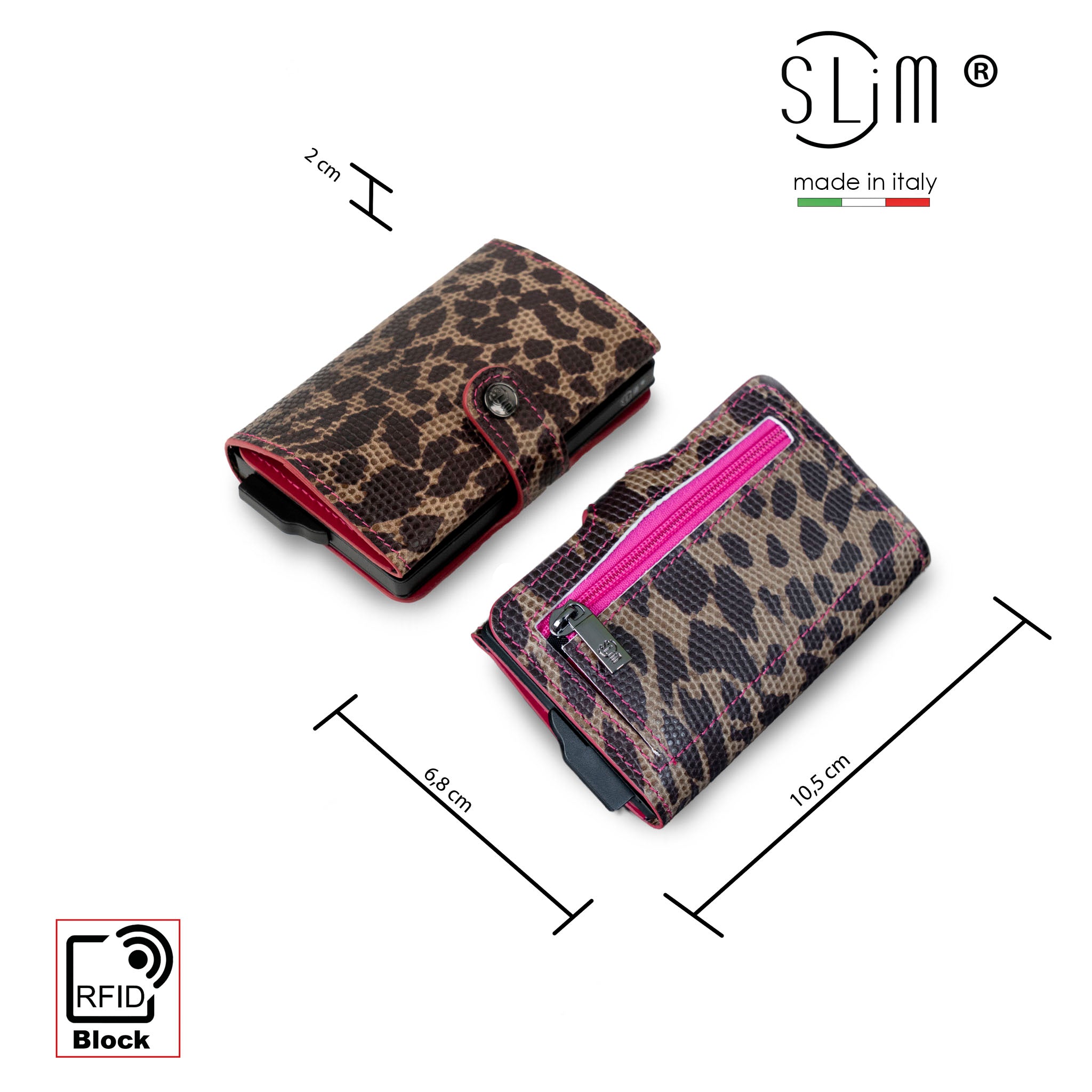 SLim®️ Vera Pelle Animalier Leopard interno Fucsia con zip