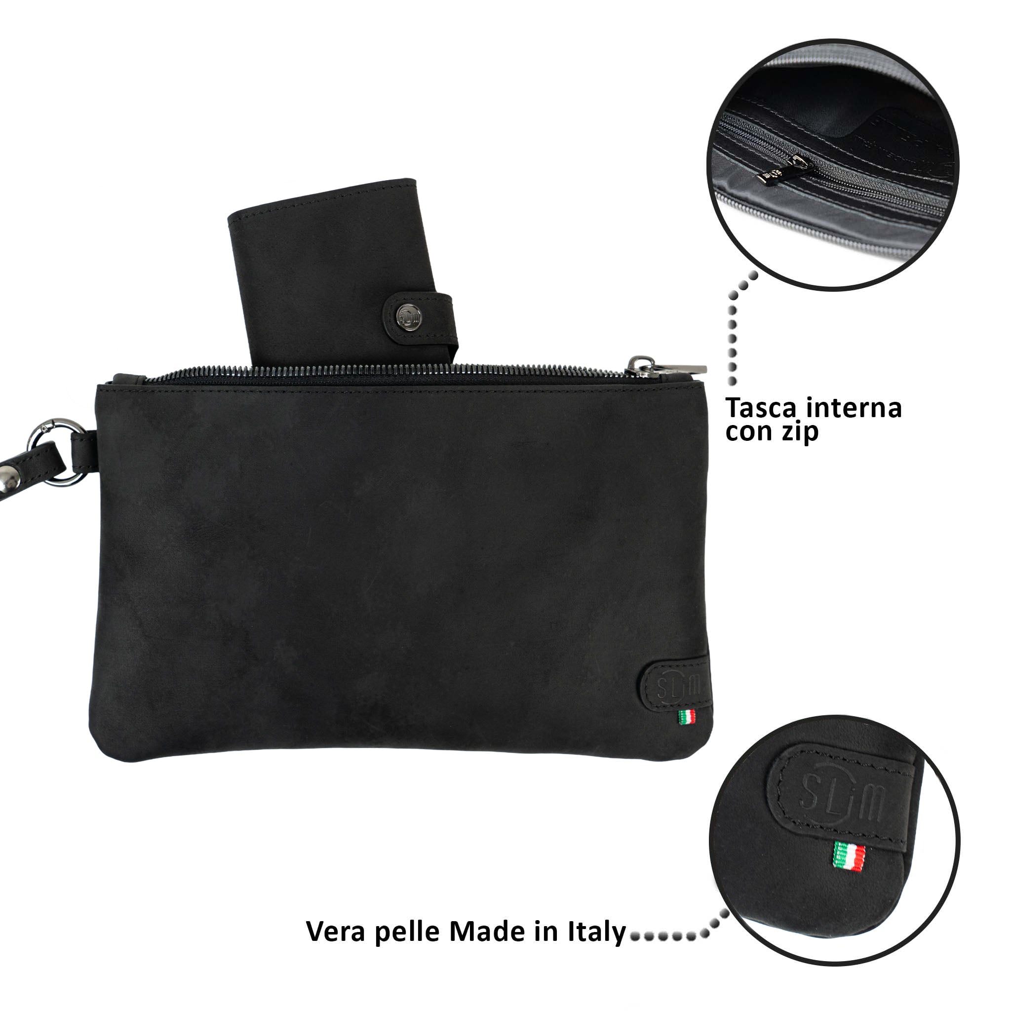 Pochette con Polsiera Vera Pelle Crazy Horse Nero