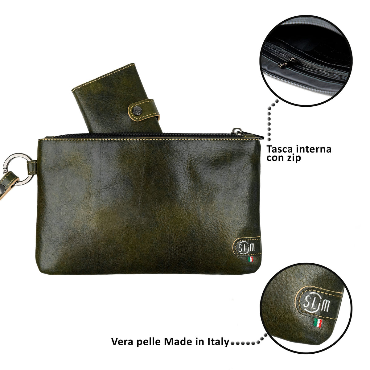 Green Vegetable Tanned Leather Wristlet Clutch