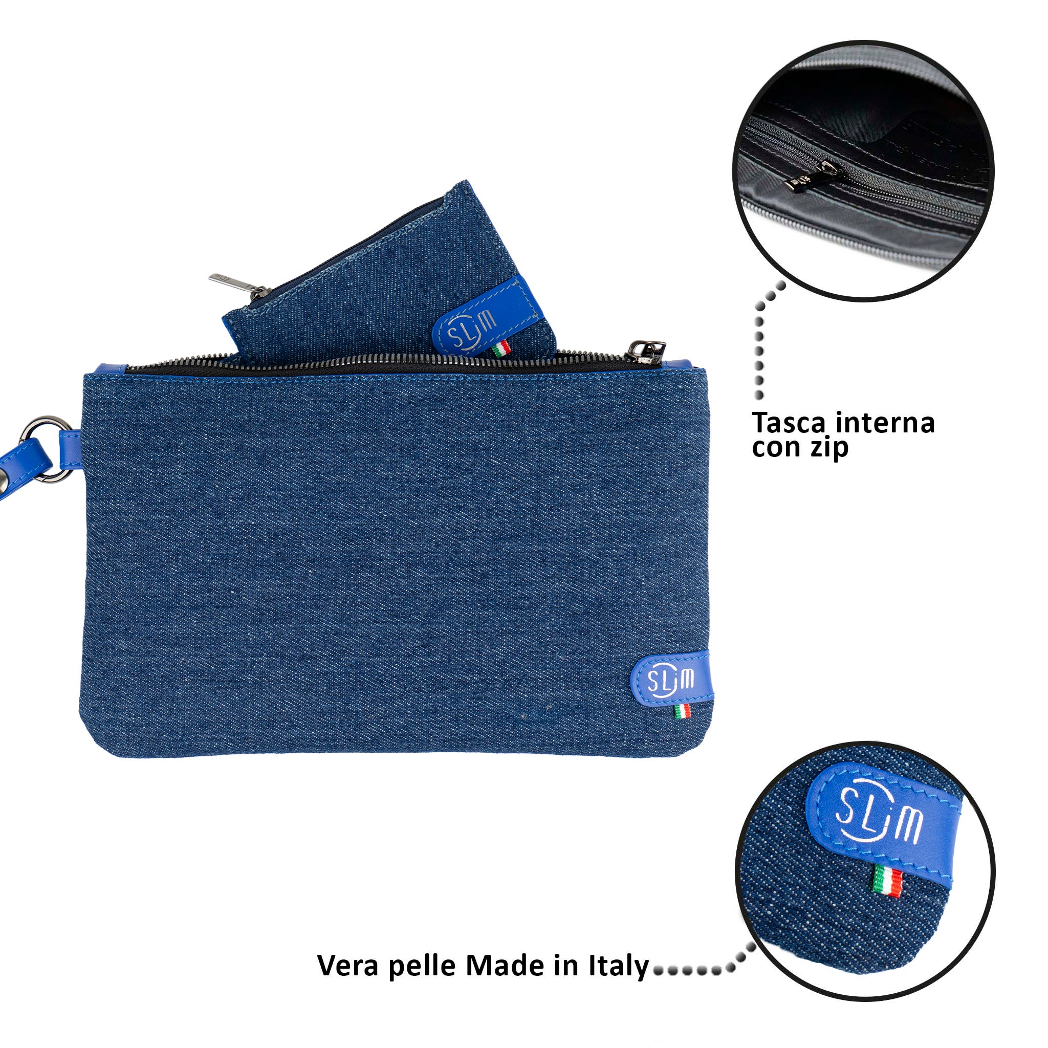 Pochette con Polsiera Vera Pelle Jeans/ Vera Pelle Blu Elettrico
