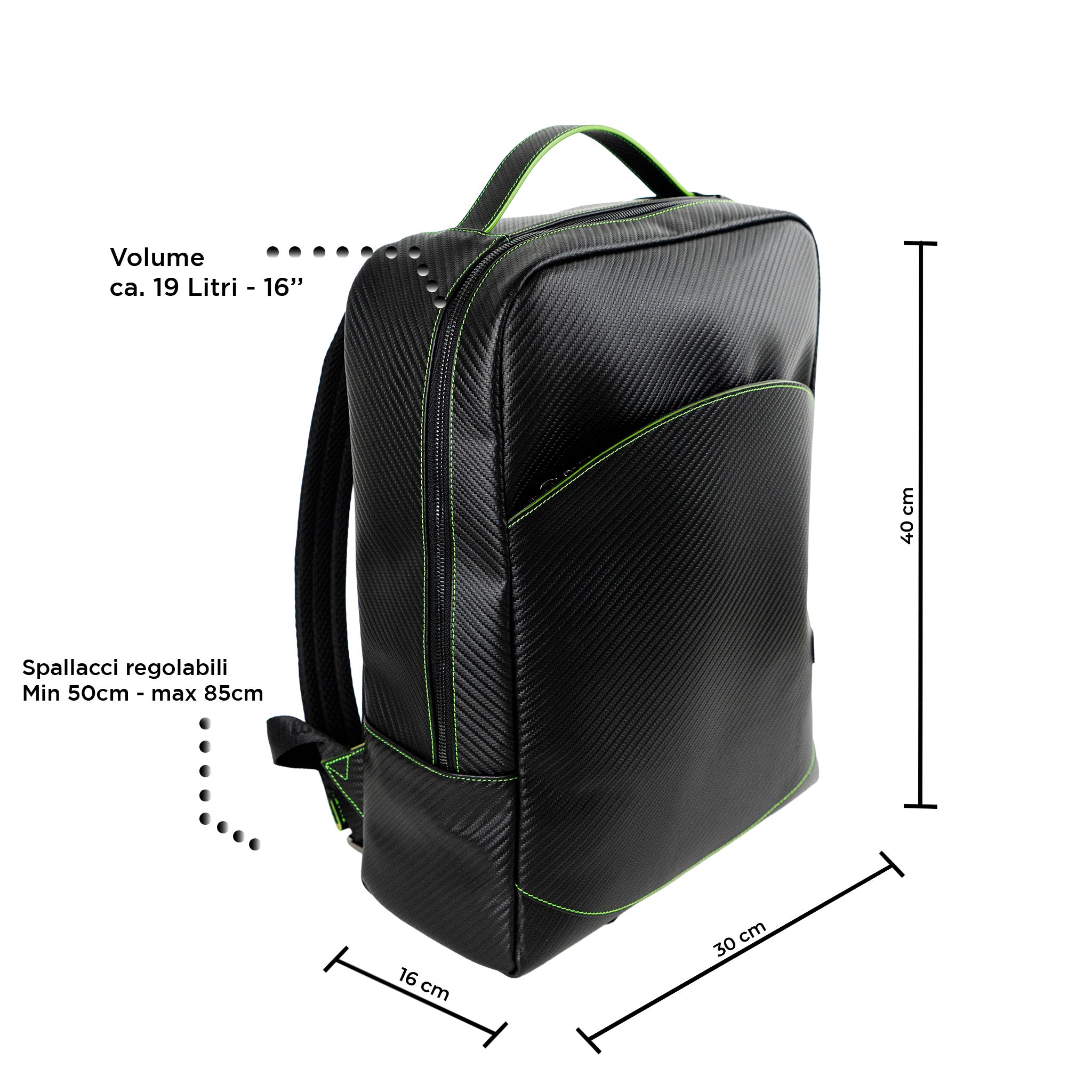 Zaino Grande Vera Pelle Carbon Nero cuciture Verdi