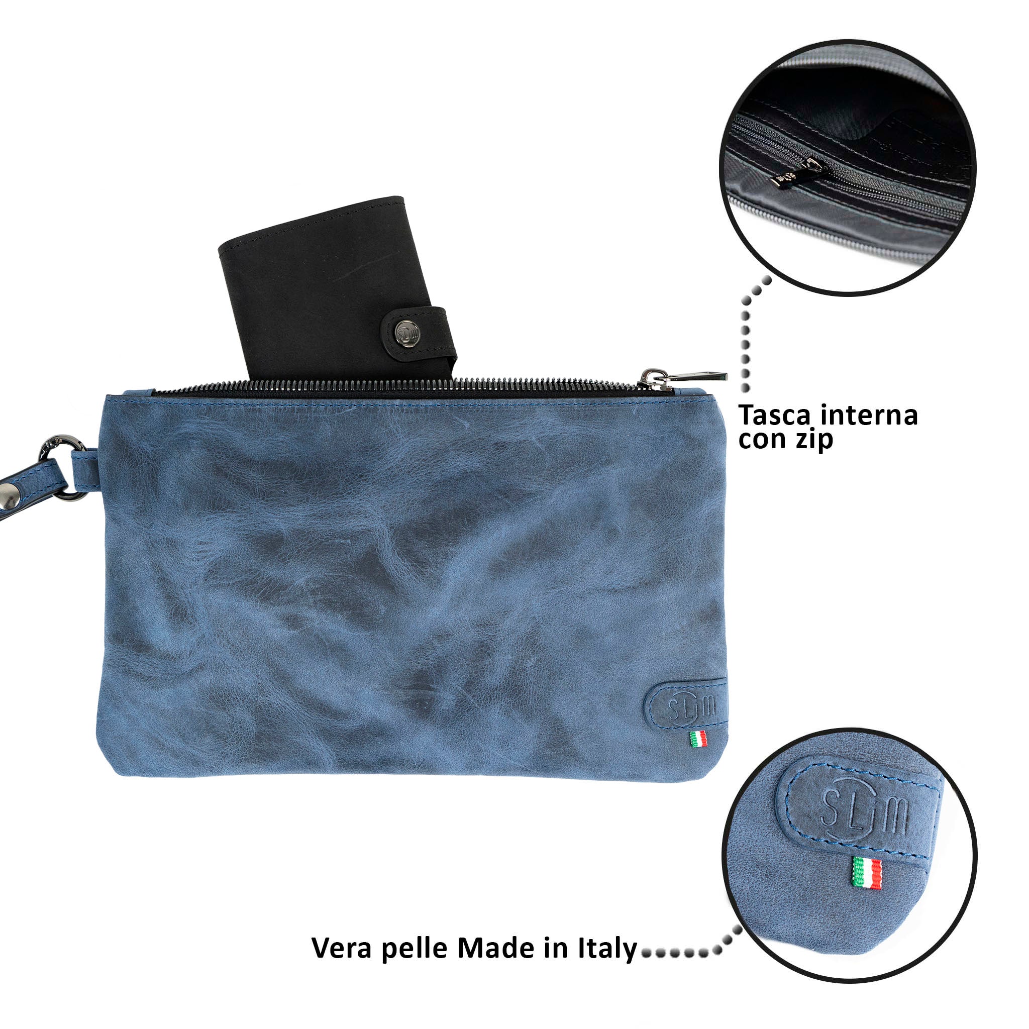 Pochette con Polsiera Vera Pelle Crazy Horse Blu