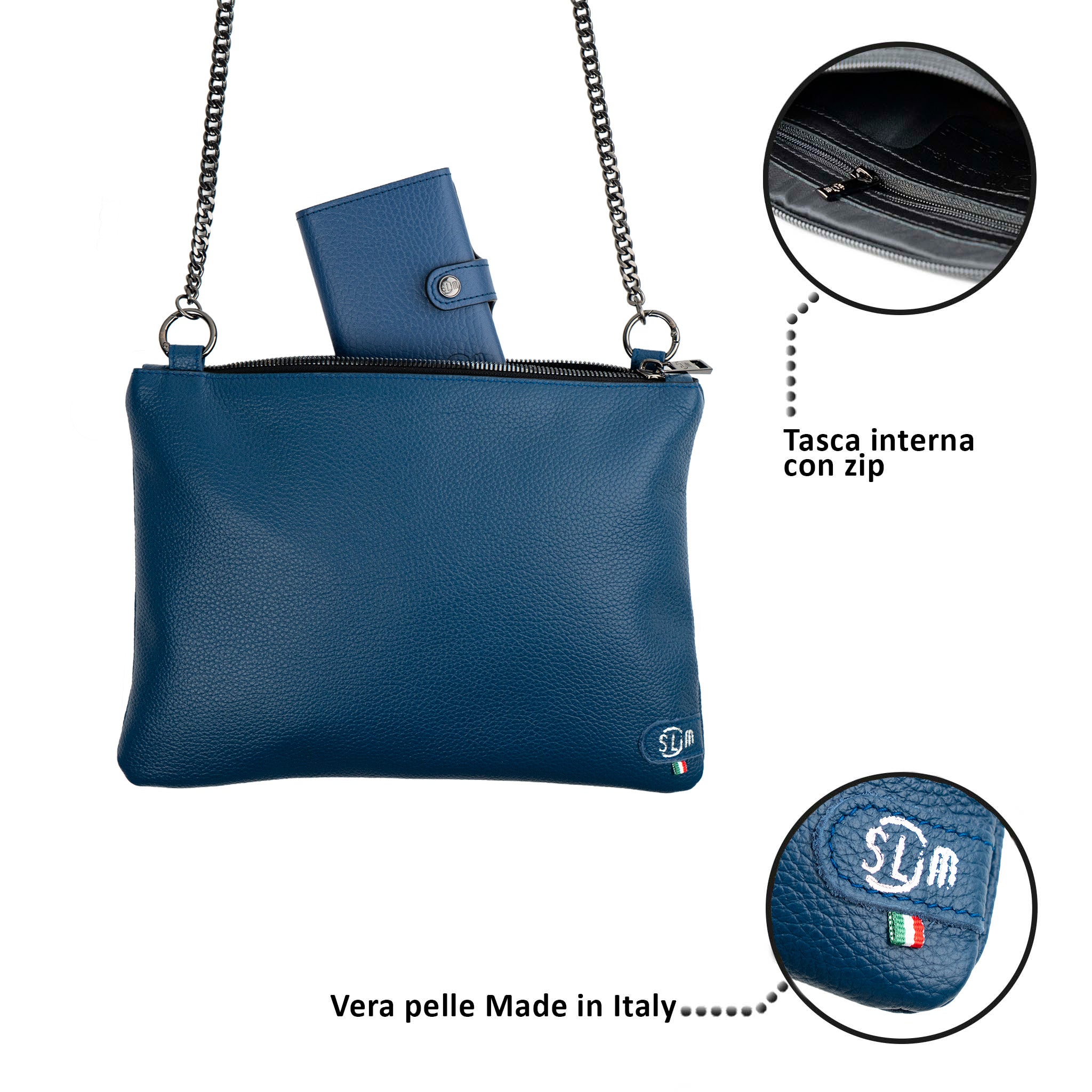 Clutch Bag with Shoulder Strap in Genuine Blue Drummed Leather