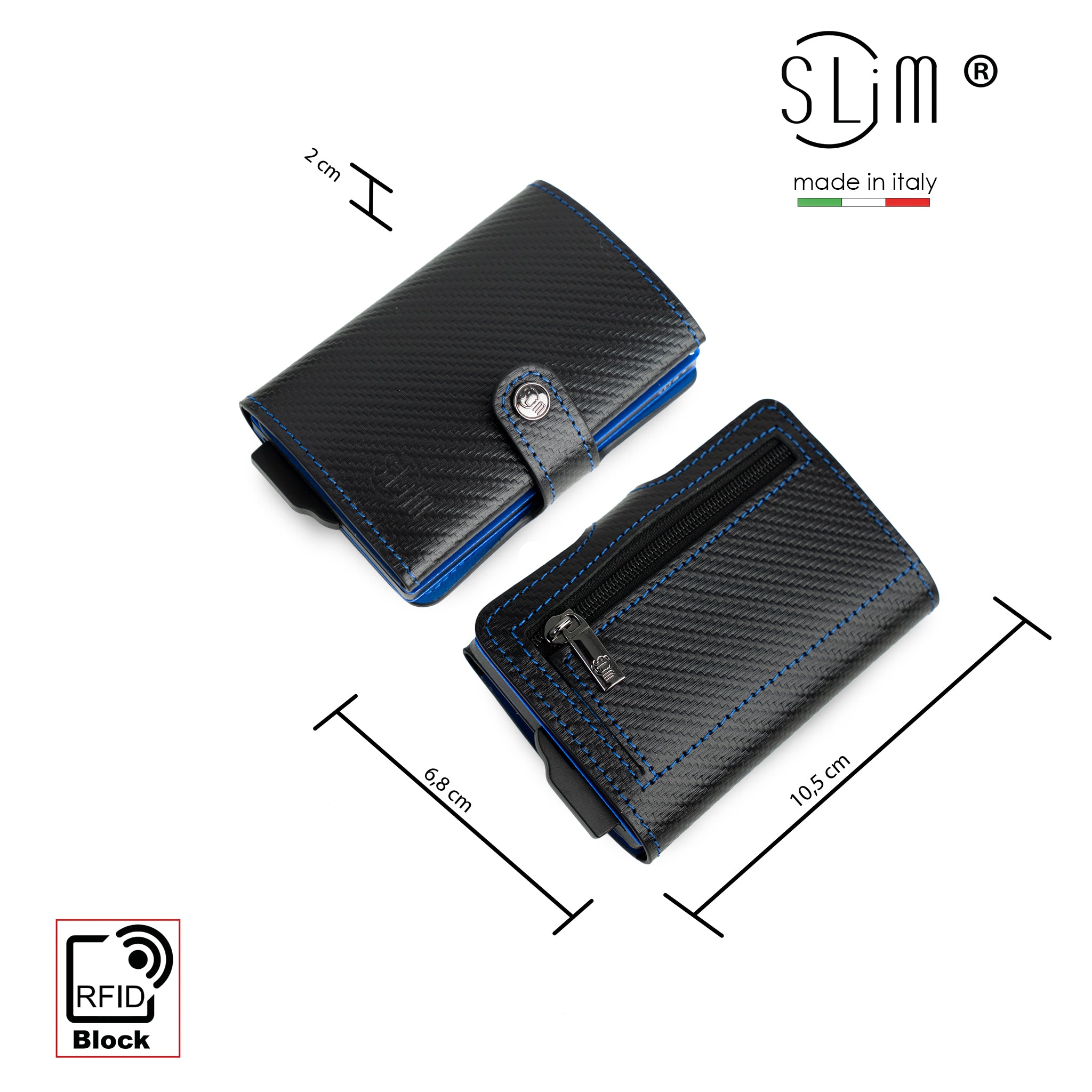 Porta Carte Vera Pelle Carbon Style Nero/Blu con zip