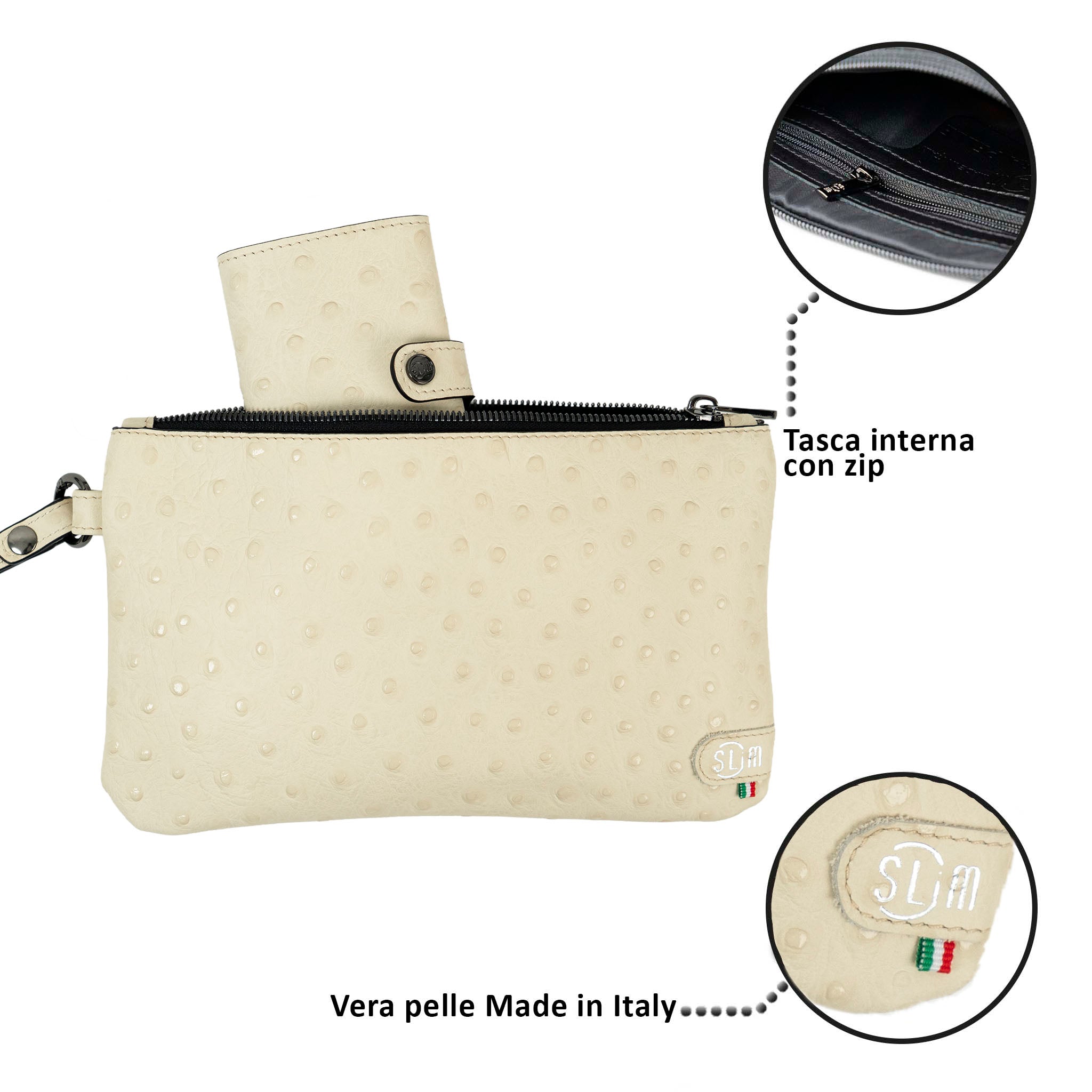 Clutch with Wristband in Genuine Ostrich Leather in Fluorescent Fuchsia