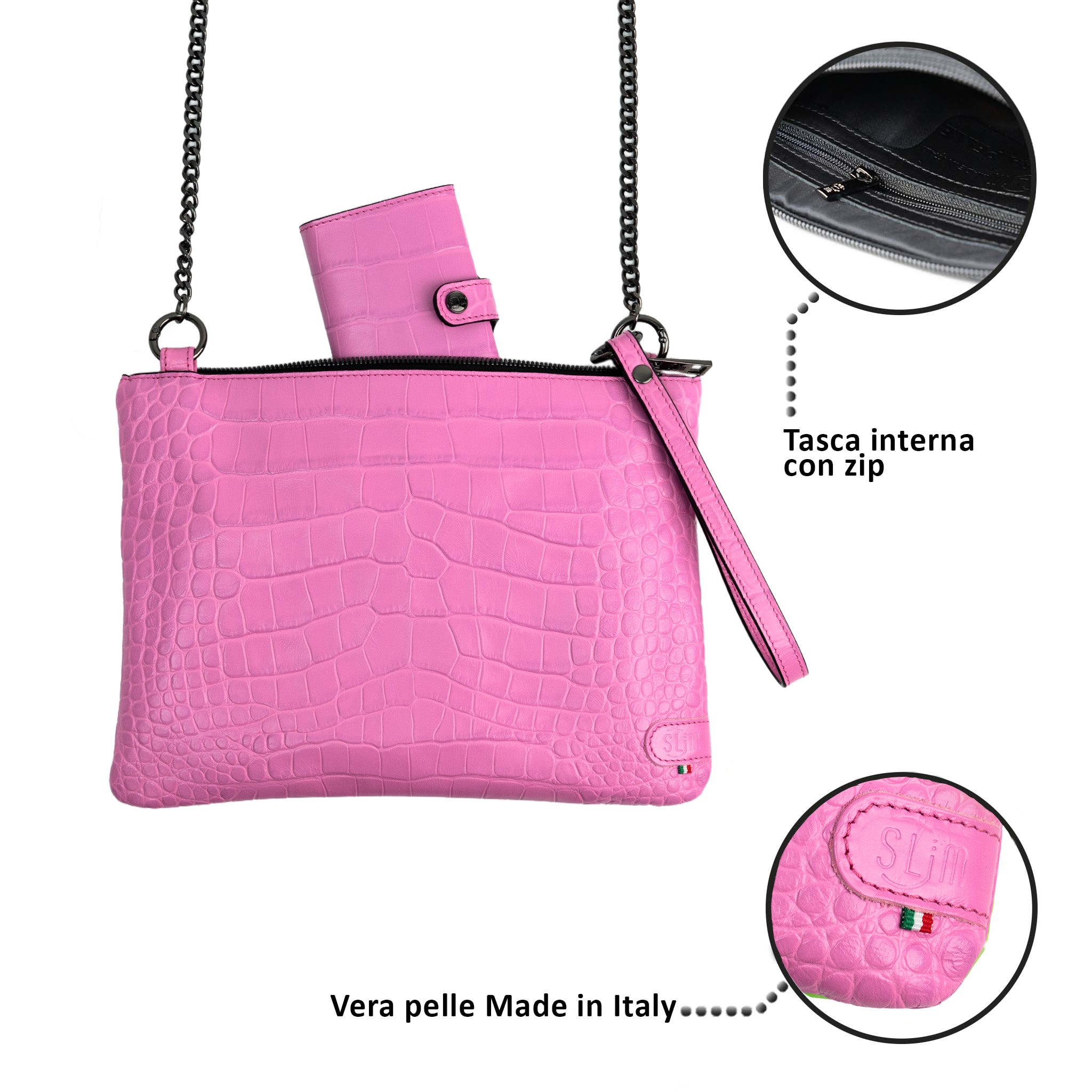 Pochette con Tracolla Vera Pelle Cocco Rosa Matt