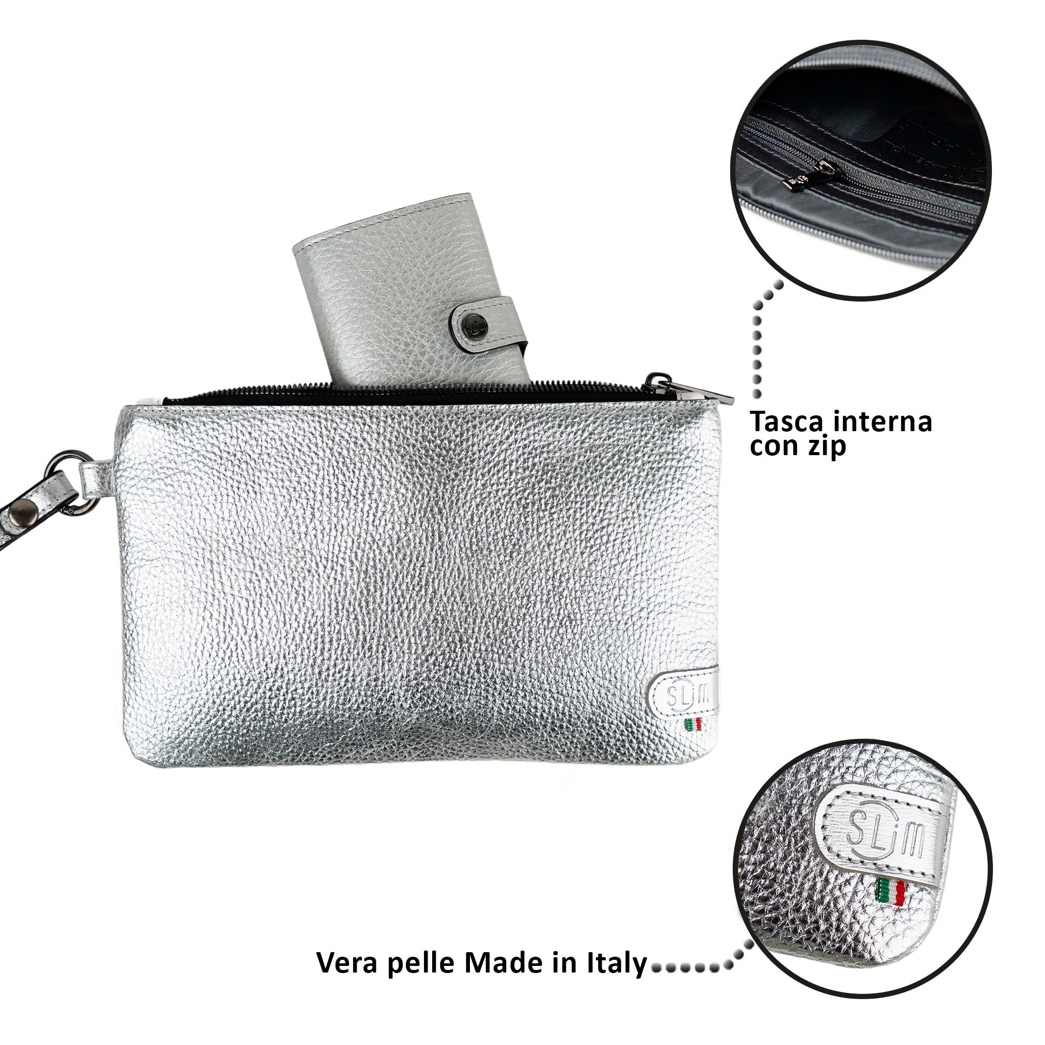 Pochette con Polsiera Vera Pelle Metal Argento
