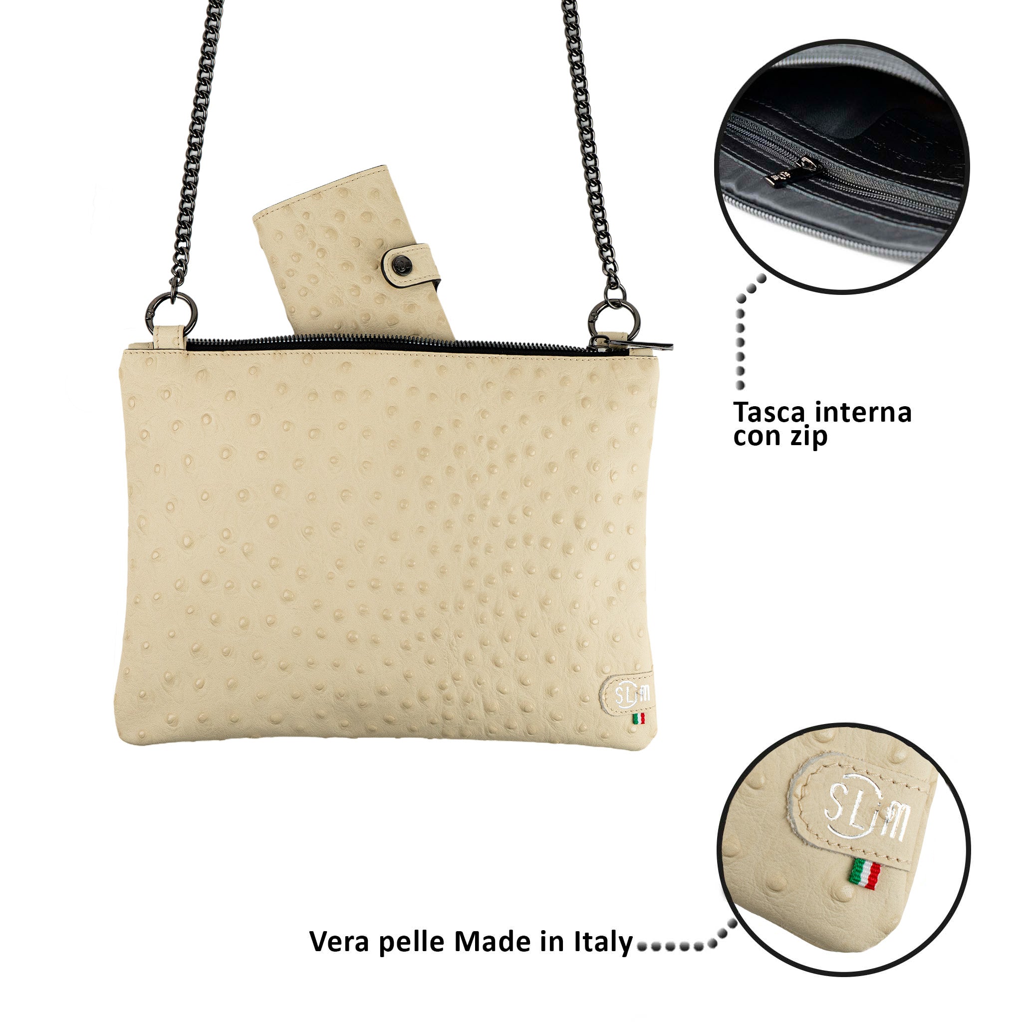 Pochette con Tracolla Vera Pelle Struzzo Beige