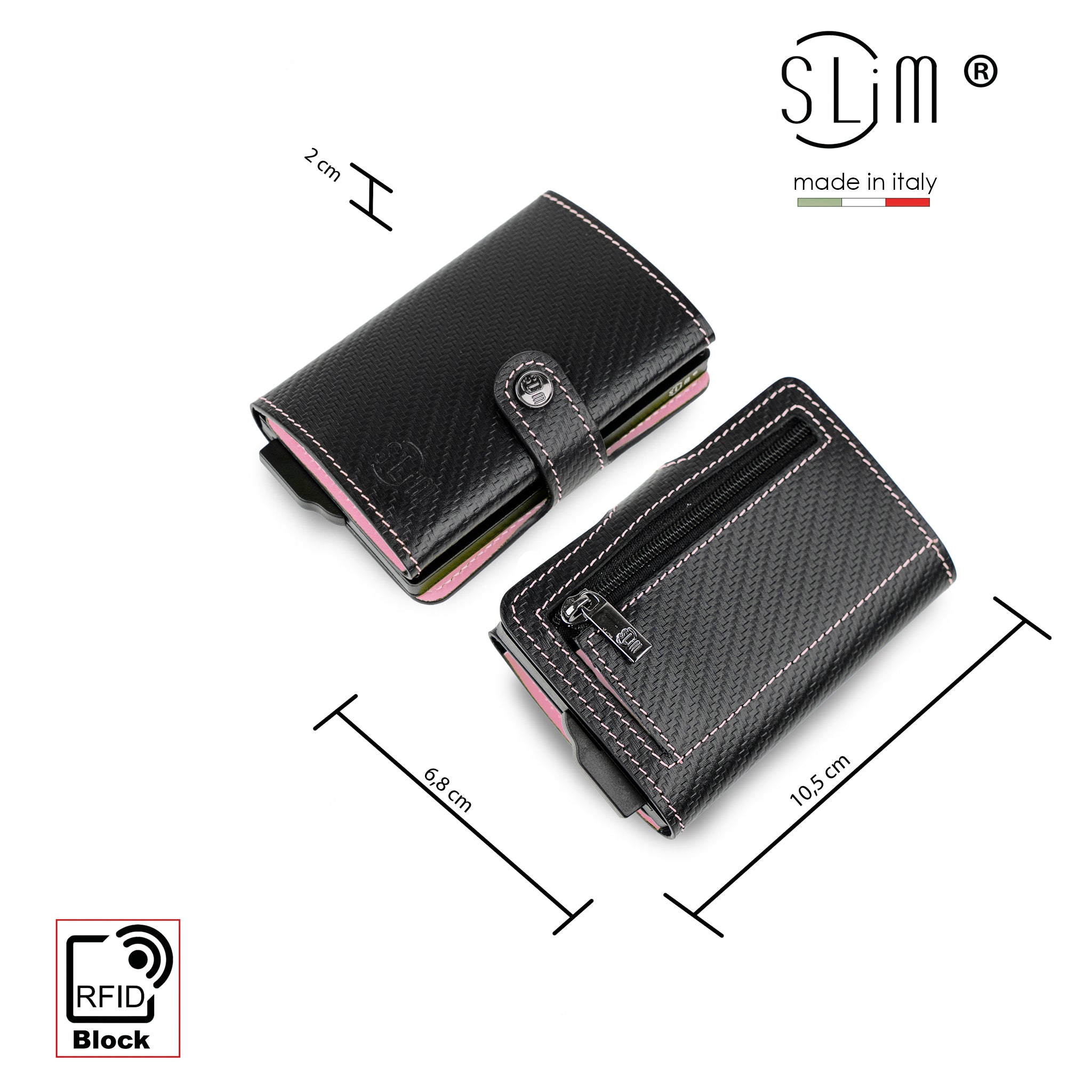 Porta Carte Vera Pelle Carbon Style Nero/Rosa con zip