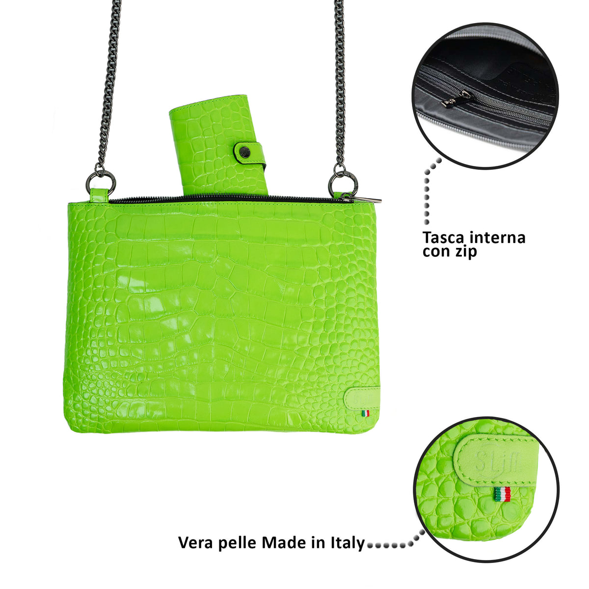 Pochette con Tracolla Vera Pelle Cocco Verde