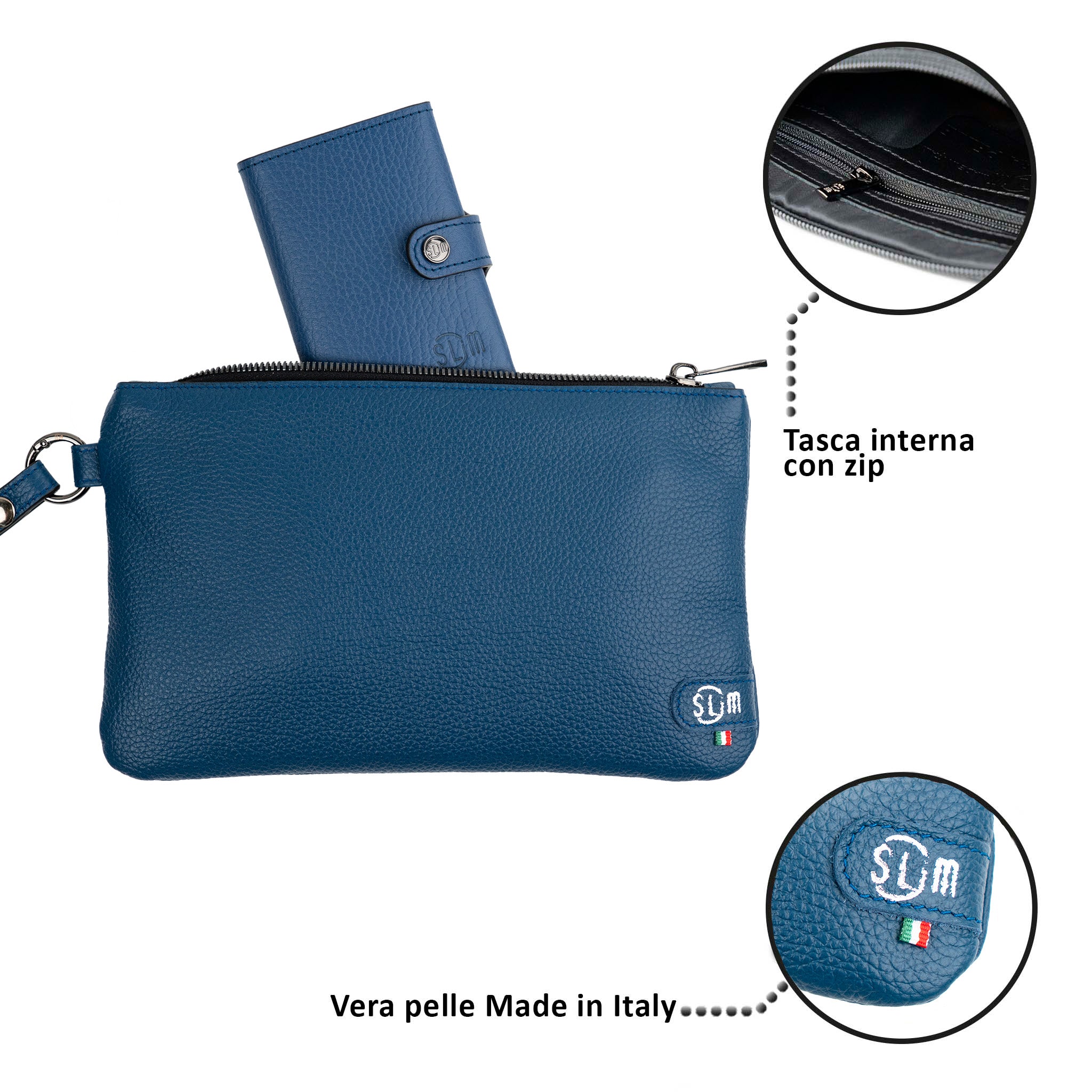 Pochette con Polsiera Vera Pelle Bottalato Blu